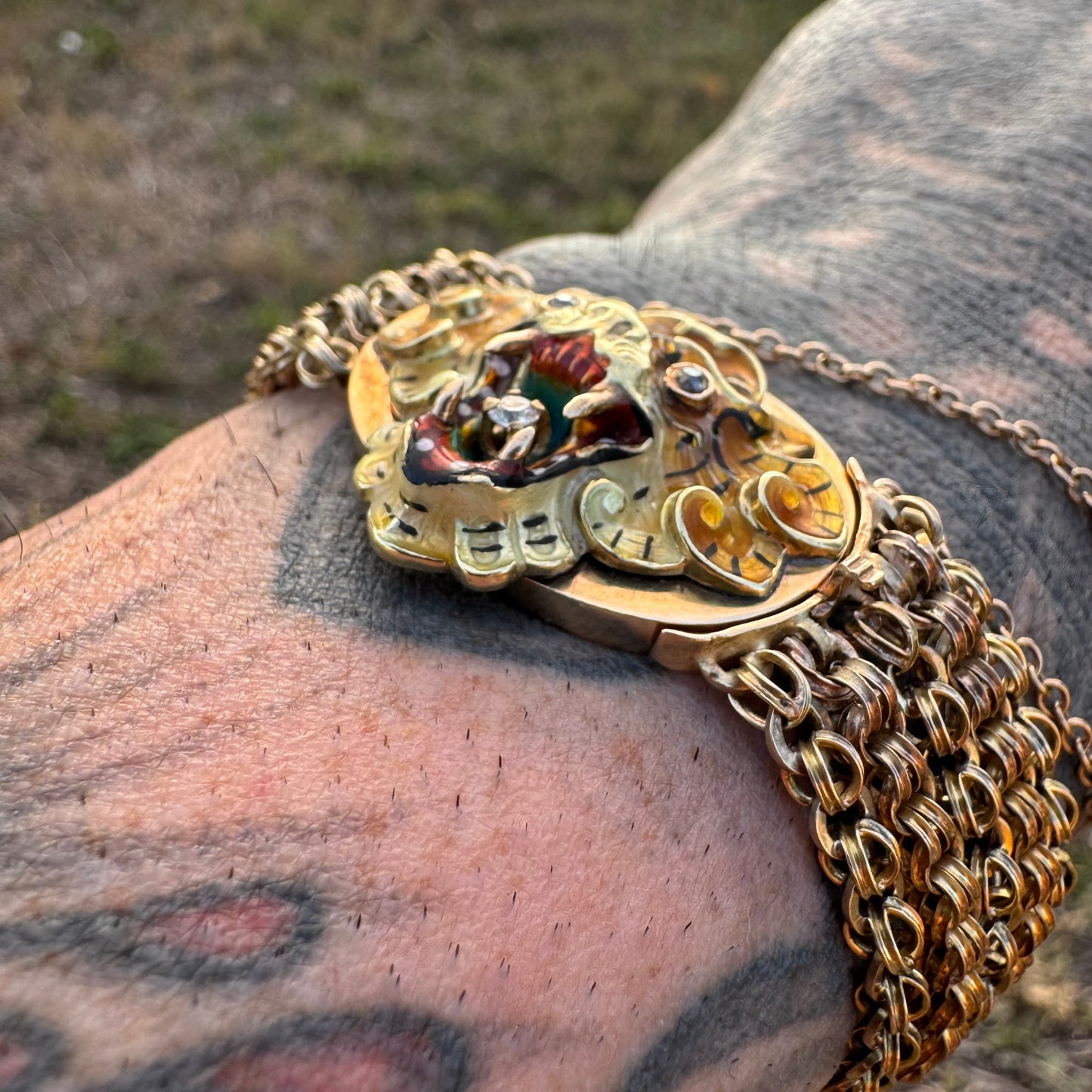 Art Nouveau Solid 14k Yellow Gold Natural Old Mine Cut Diamond Enameled Tiger Bracelet (6.25”)
