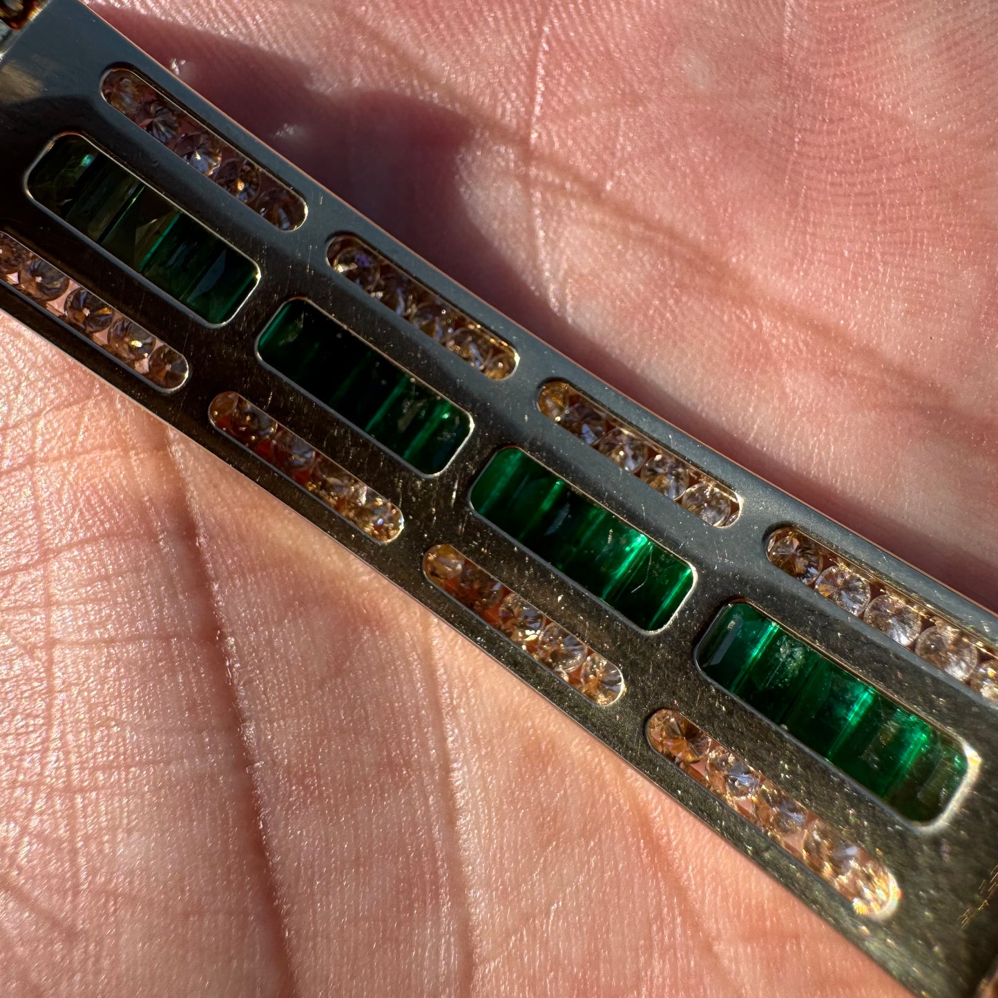 Vintage Heavyweight Solid 14k Yellow Gold 4ctw Natural Emerald And Diamond Panther Link ID Bracelet (7.75”)