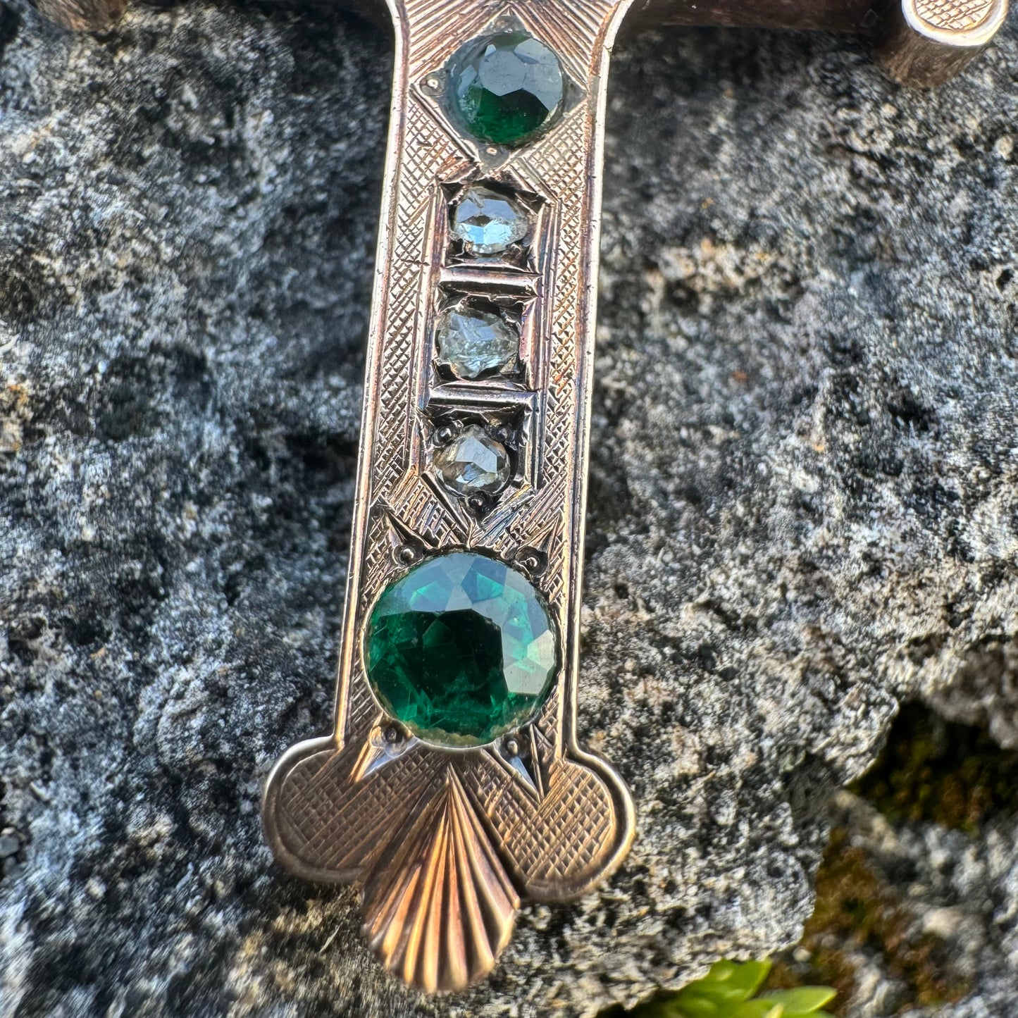 Victorian Solid 14k Gold Rose Cut Diamond, Emerald, Opal Byzantine Cross Pendant