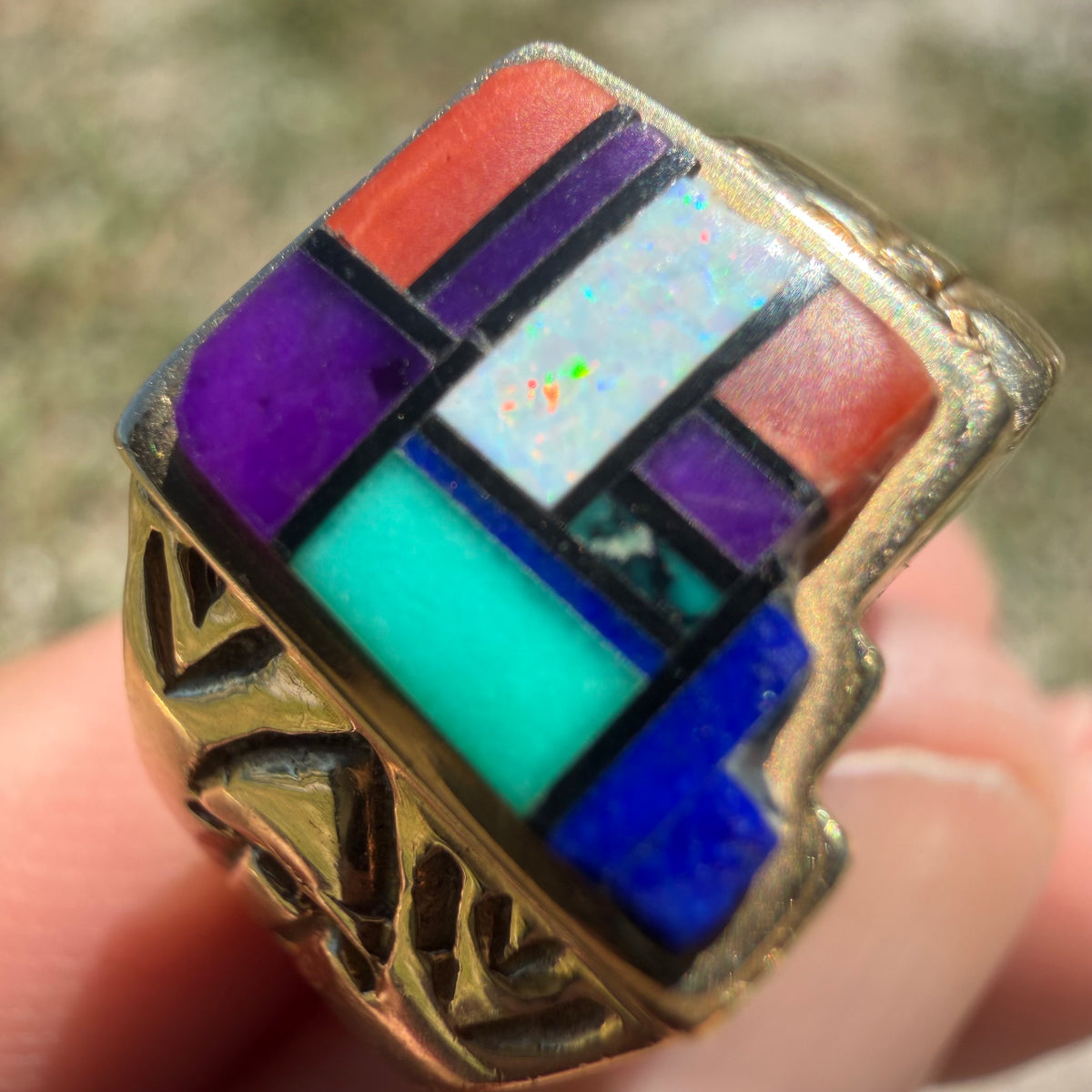 Vintage Native Southwestern Solid 14k Yellow Gold Multi-Stone Inlaid New Mexico State Ring (10)
