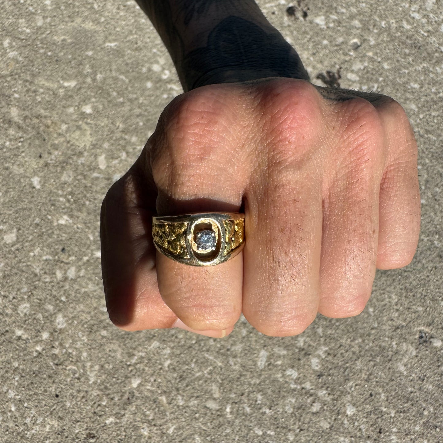 Vintage 14k Yellow Gold Raw 24k Nugget Inlaid .50Ct Natural Diamond Ring (11.5)