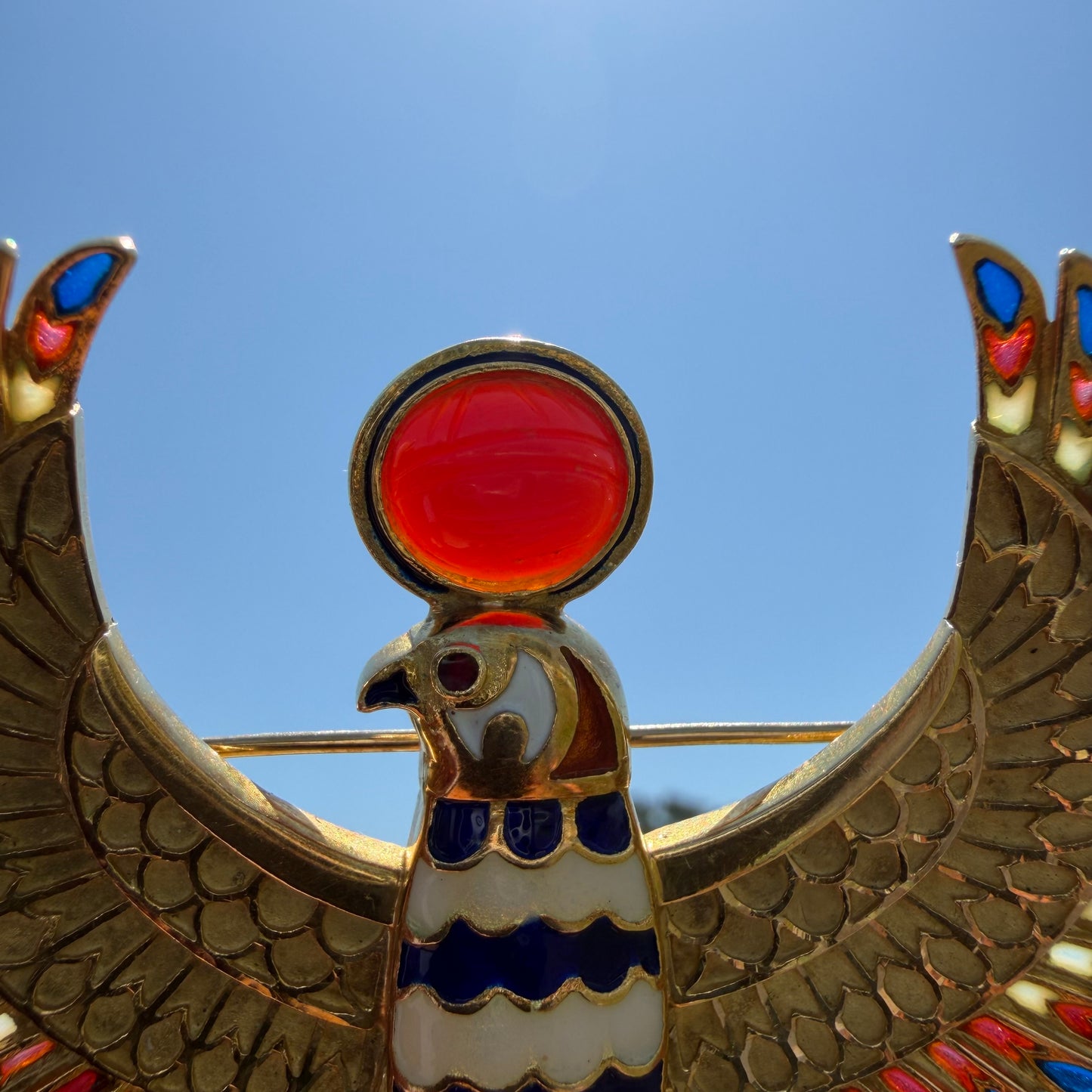 Vintage Solid 18k Yellow Gold Plique-à-Jour Large Egyptian Revival Horus Falcon Pendant/Brooch