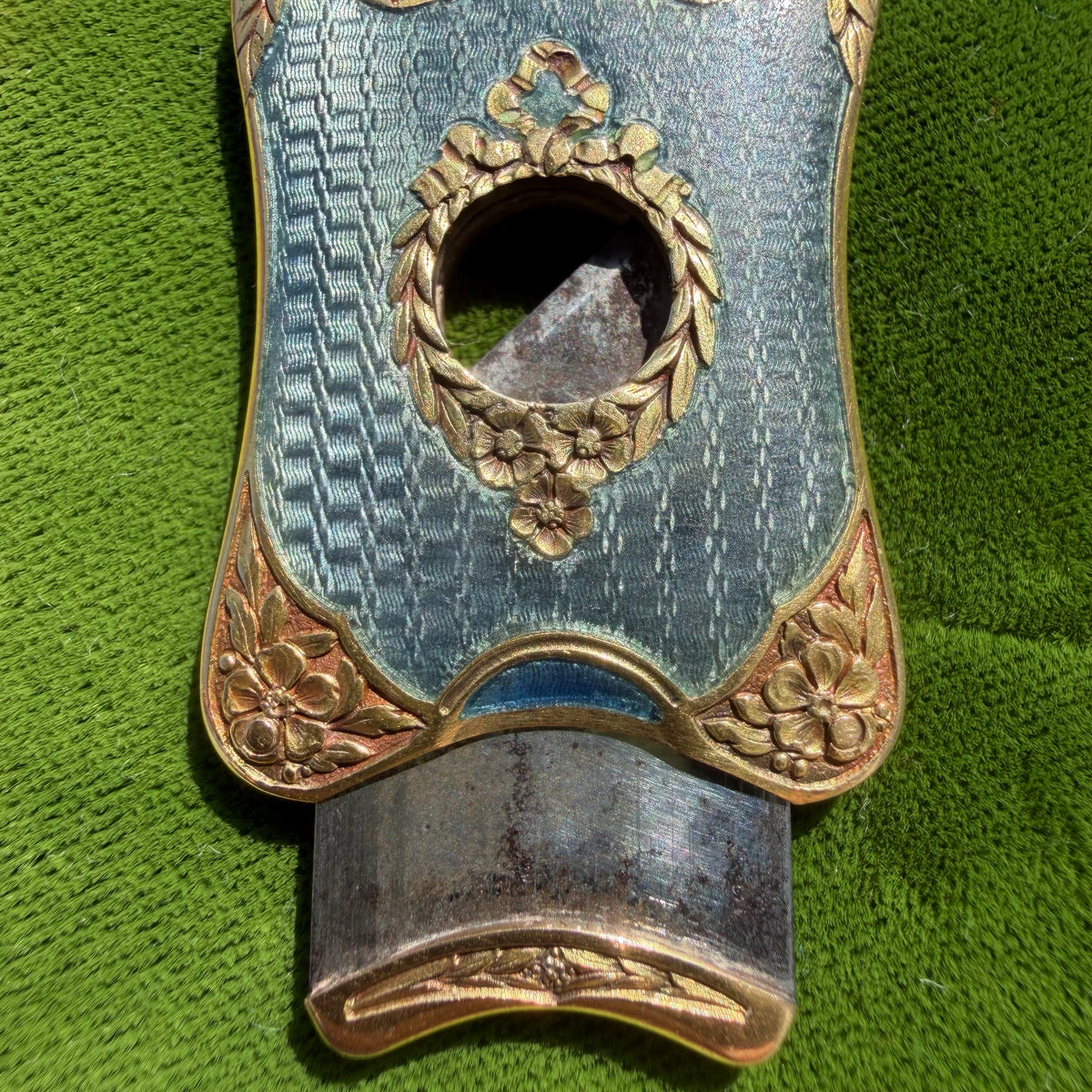Victorian French 18k Yellow Gold Guilloche Enameled Watch Chain Cigar Cutter Fob Necklace Set (14”)
