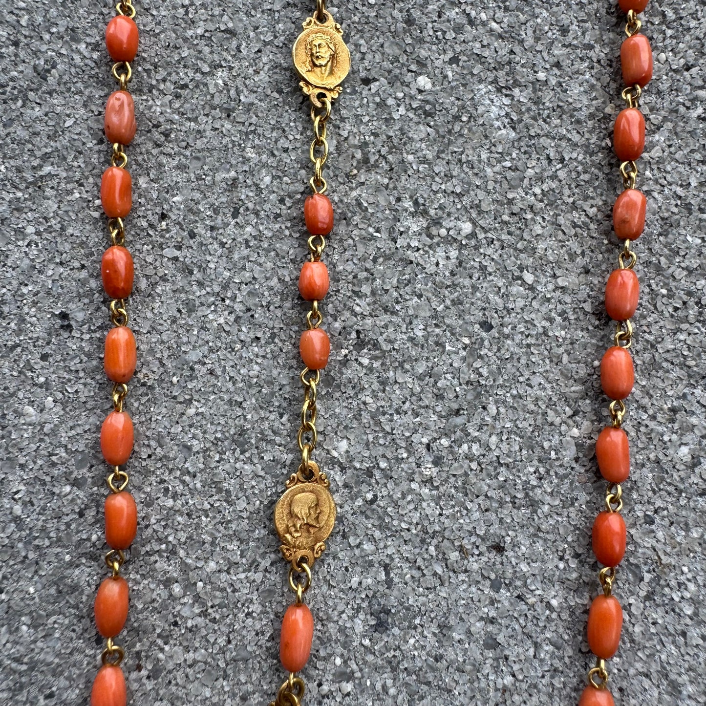 Antique French Hallmarked 18k Yellow Gold Angel Skin Coral Rosary Necklace (23”)