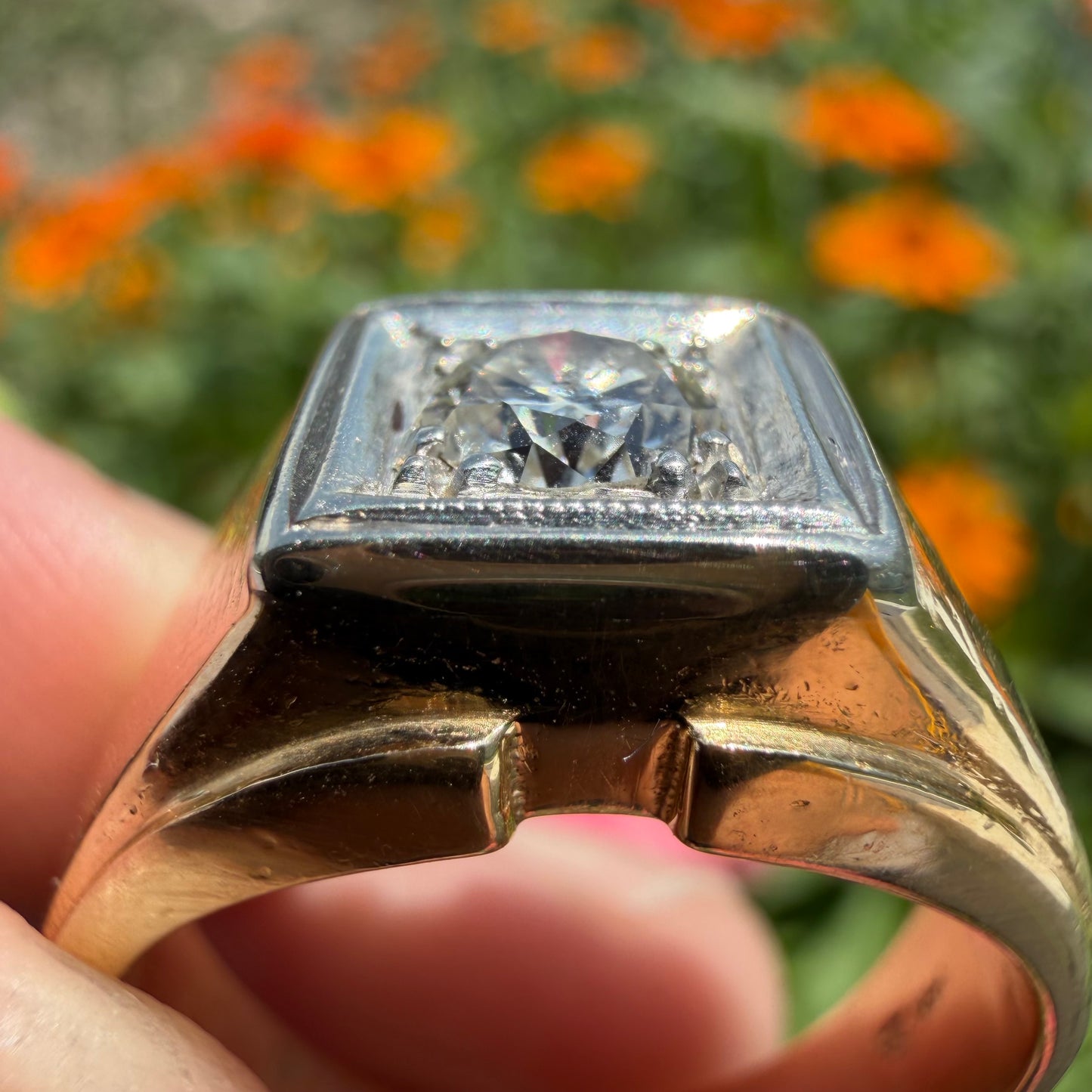 Art Deco Solid 14k Yellow Gold .60ct Old Euro Cut Natural Diamond Solitaire Gents Ring (10.5)