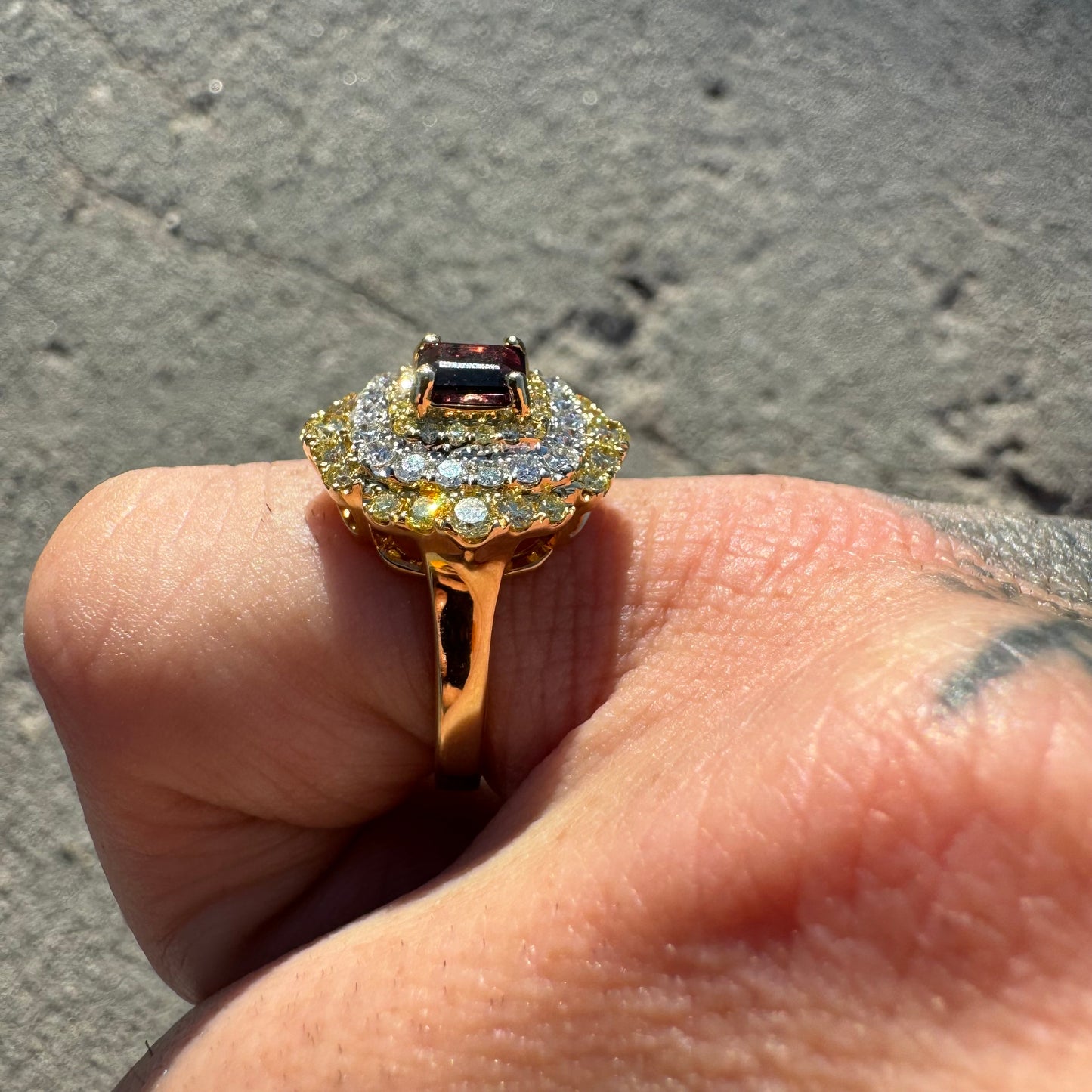 Brand New 14k Yellow Gold .73ct Natural Emerald Cut Unheated Winza Sapphire 1.04ctw Natural VS Yellow And White Diamond Ring (6.75)