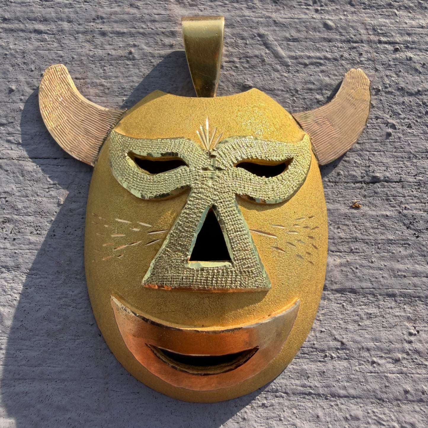 Mid-Century Solid 18k Gold Large Mexican Folkart Diablo Mask Pendant
