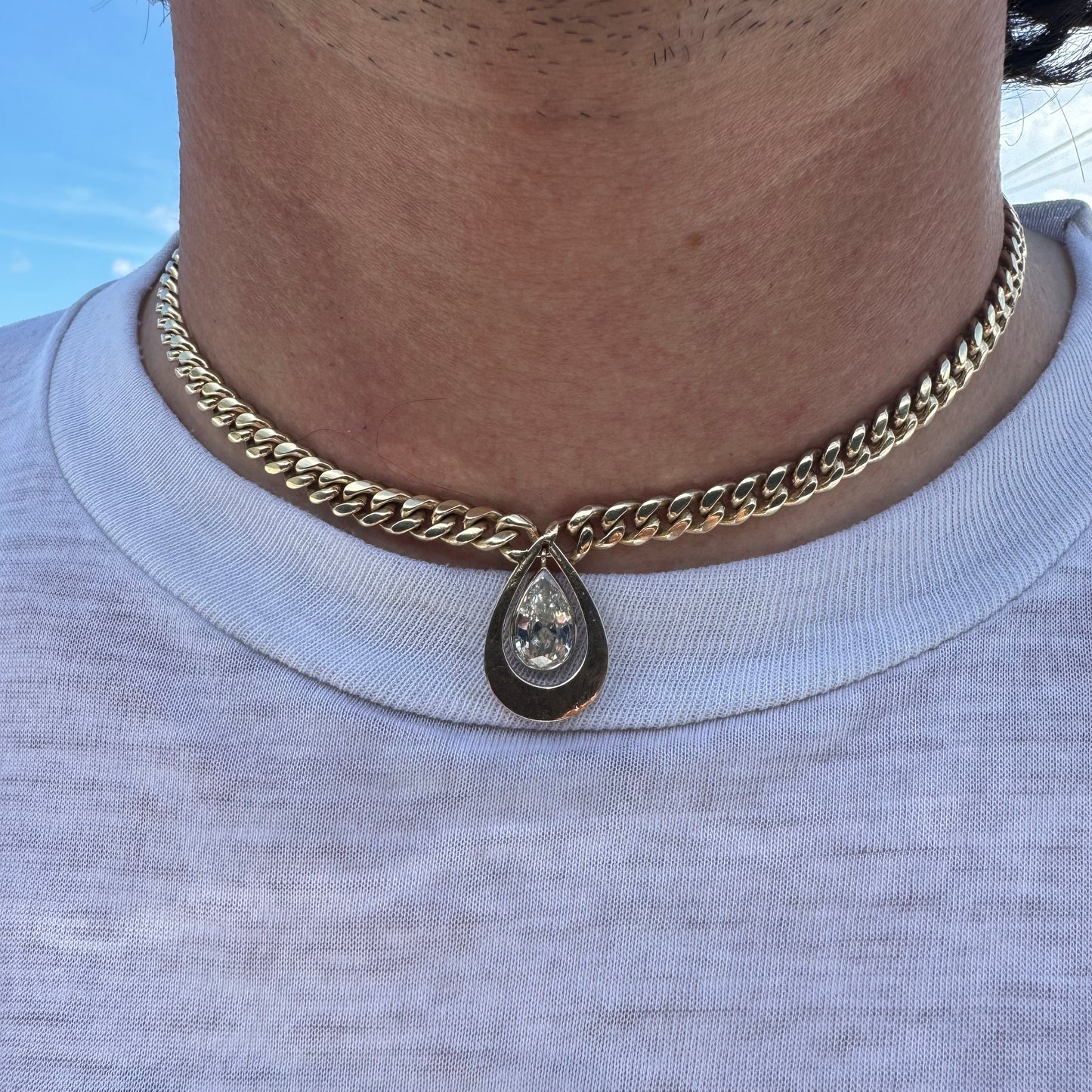 Vintage 1.78ct Natural Pear Cut Diamond Solitaire Solid 14k Yellow Gold Heavyweight Cuban Link Necklace (16”)