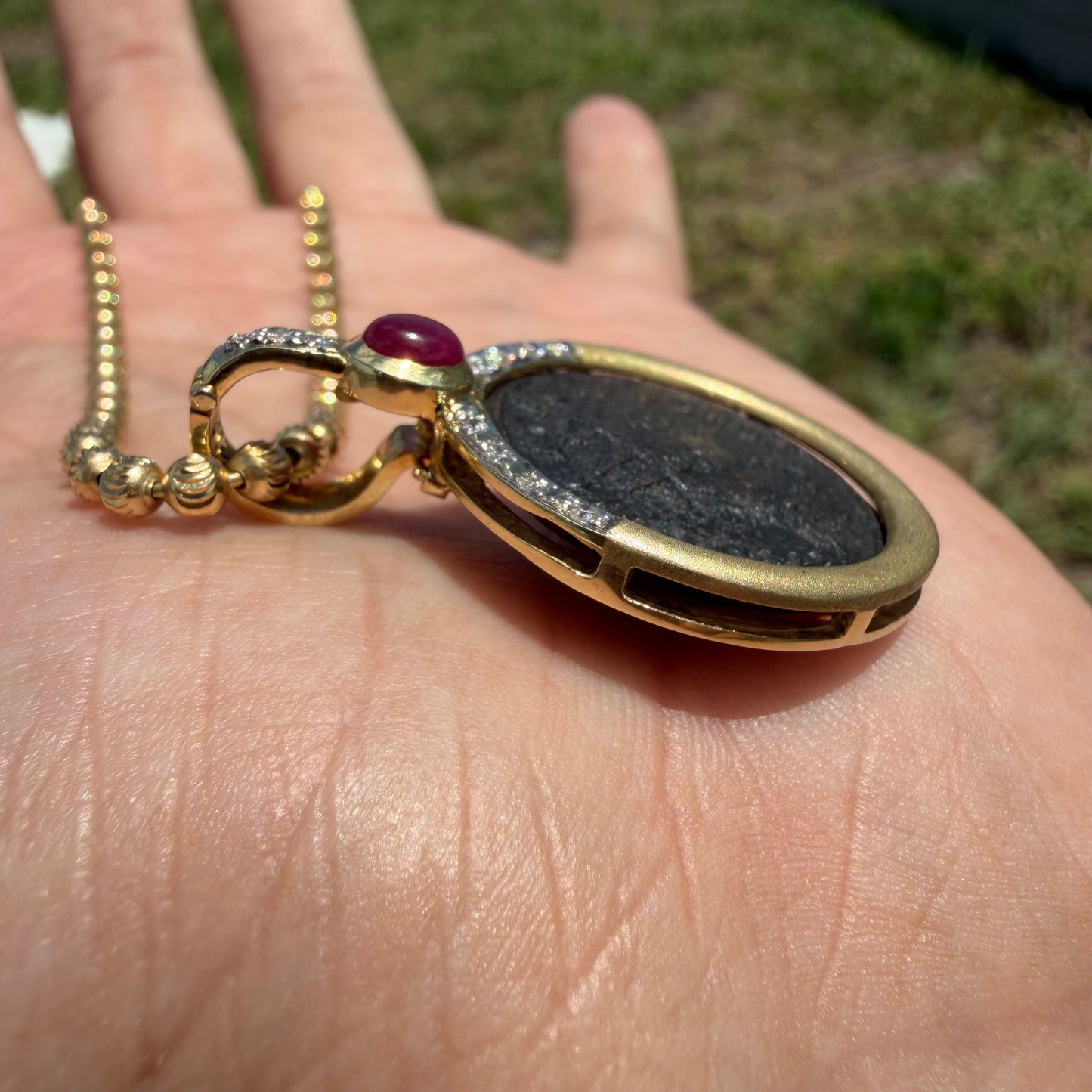 Vintage 14k Yellow Gold Natural Diamond and Ruby Ancient 275-276A.D Tacitus Roman Coin Pendant