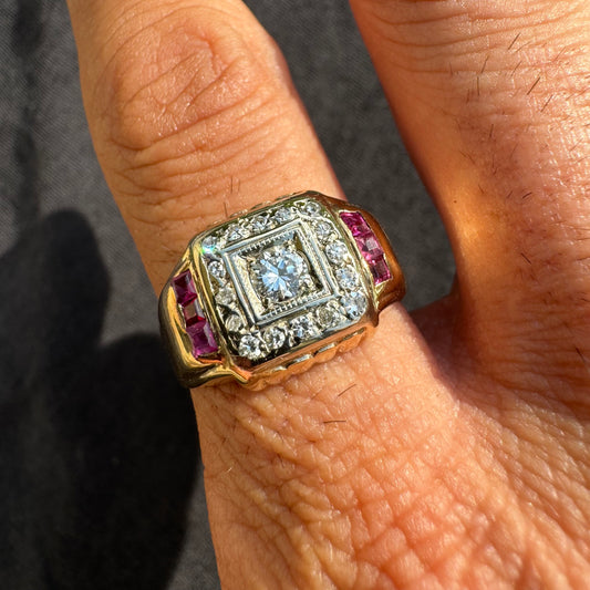 Mid Century Natural VS Quality Diamond And Ruby Mafioso Gents Ring (10.5)
