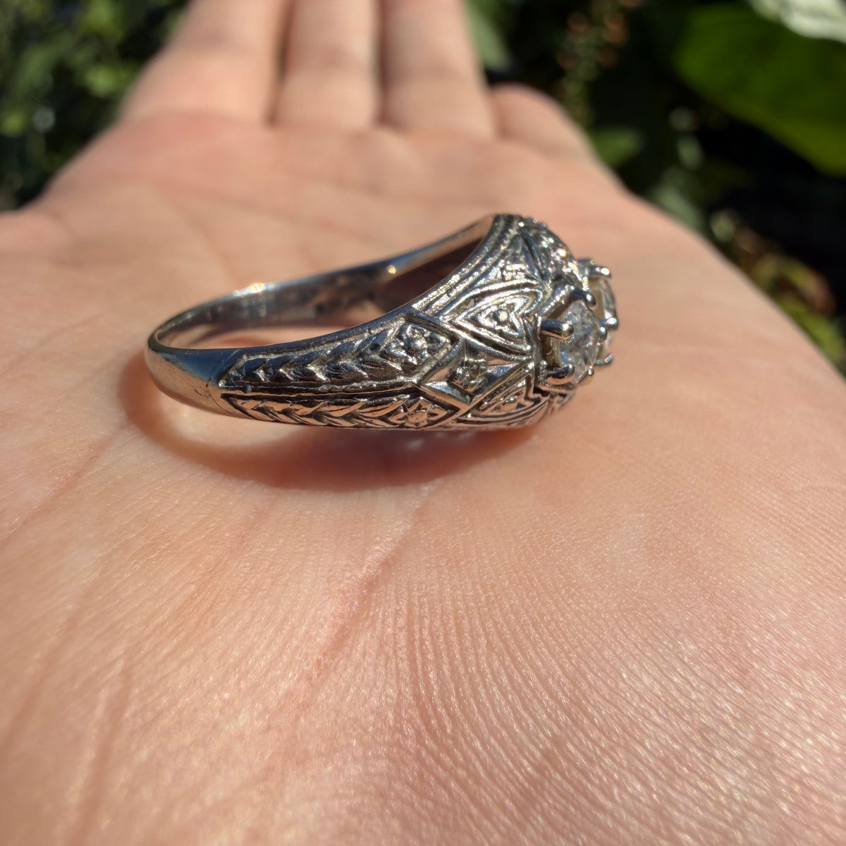 Art Deco Solid Platinum 1.0ctw Natural Old Euro Cut Diamond Trilogy Dome Ring (6.5)