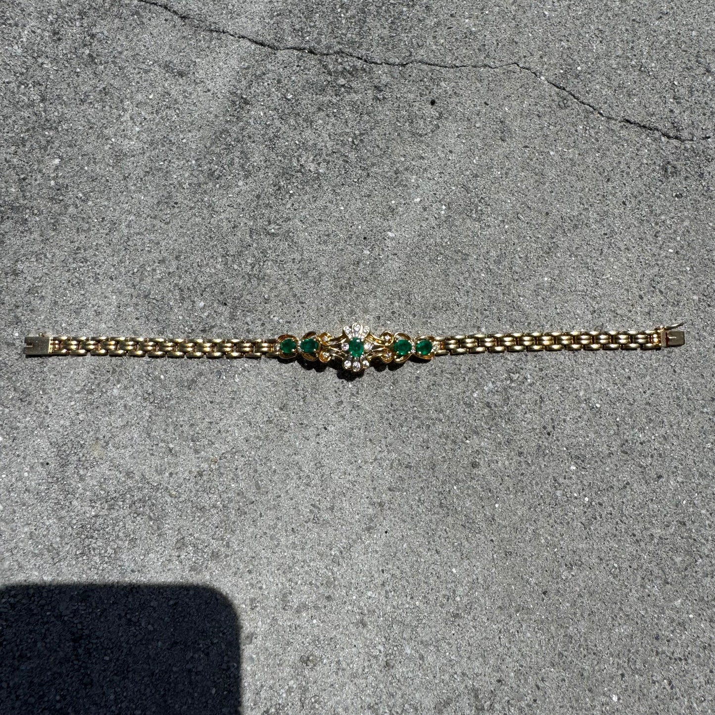 Vintage 18k Yellow Gold 3.25ctw Natural Columbian Emerald And Diamond Panther Link Bracelet (7.25”)