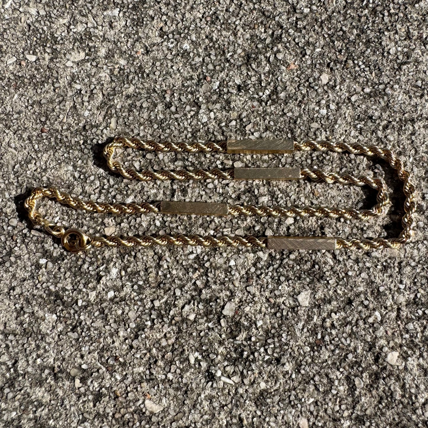 Mid-Century Solid 14k Yellow Gold Classic Braided Rope Bar Link Necklace (16.25”)