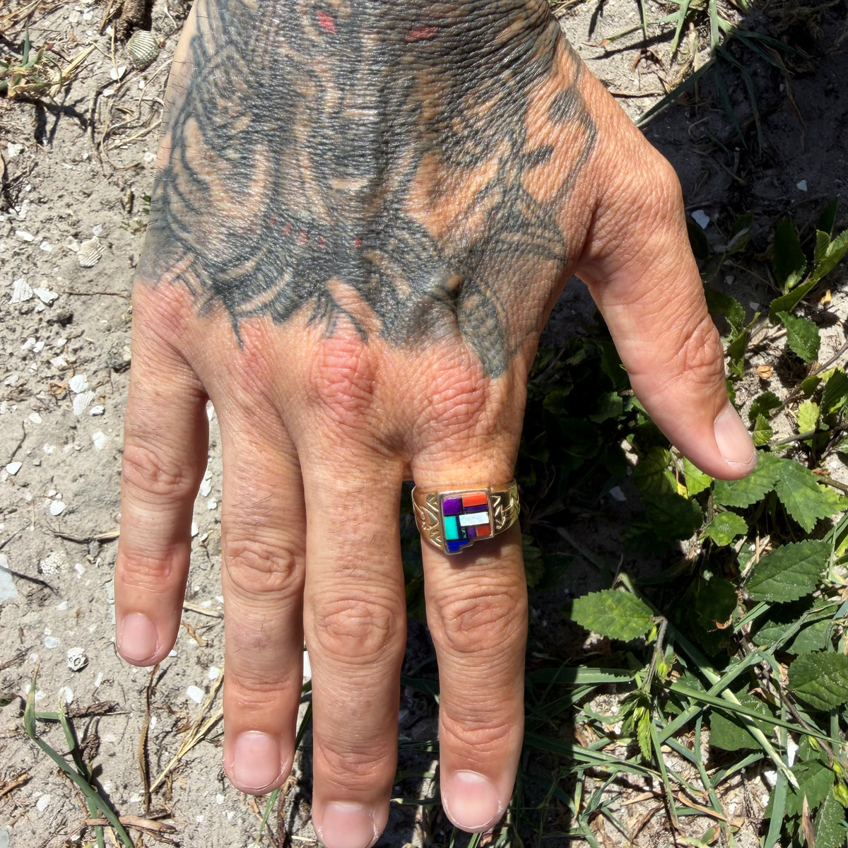 Vintage Native Southwestern Solid 14k Yellow Gold Multi-Stone Inlaid New Mexico State Ring (10)