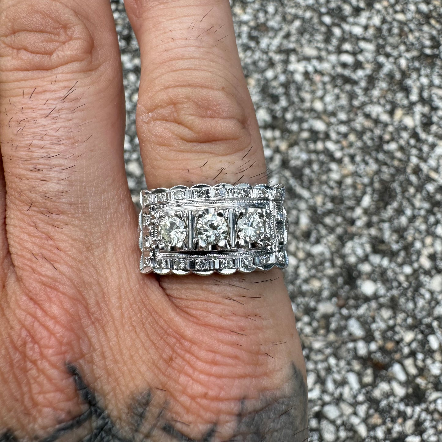 Circa 1930’s-1950’s 14k White Gold .95CTW VS Clarity Natural Diamond Art Deco Ring (5.25)