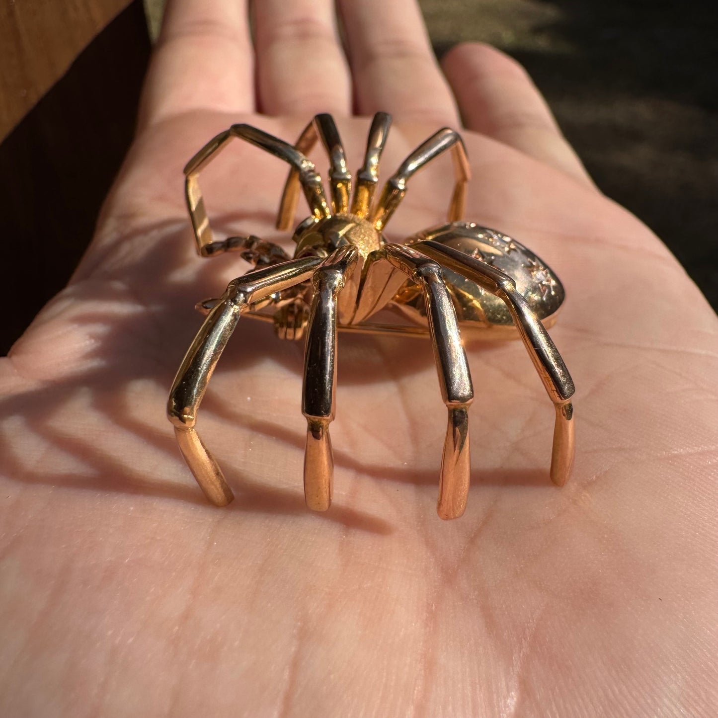 Victorian Solid 18k Gold Natural Rose Cut Diamond And Ruby Large Spider Brooch Pendant
