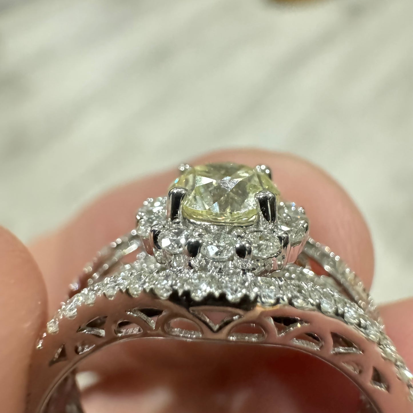 Brand New 14k White Gold 1.67CTW Natural VS Faint Yellow Round Brilliant Cut Diamond Halo Ring (8)