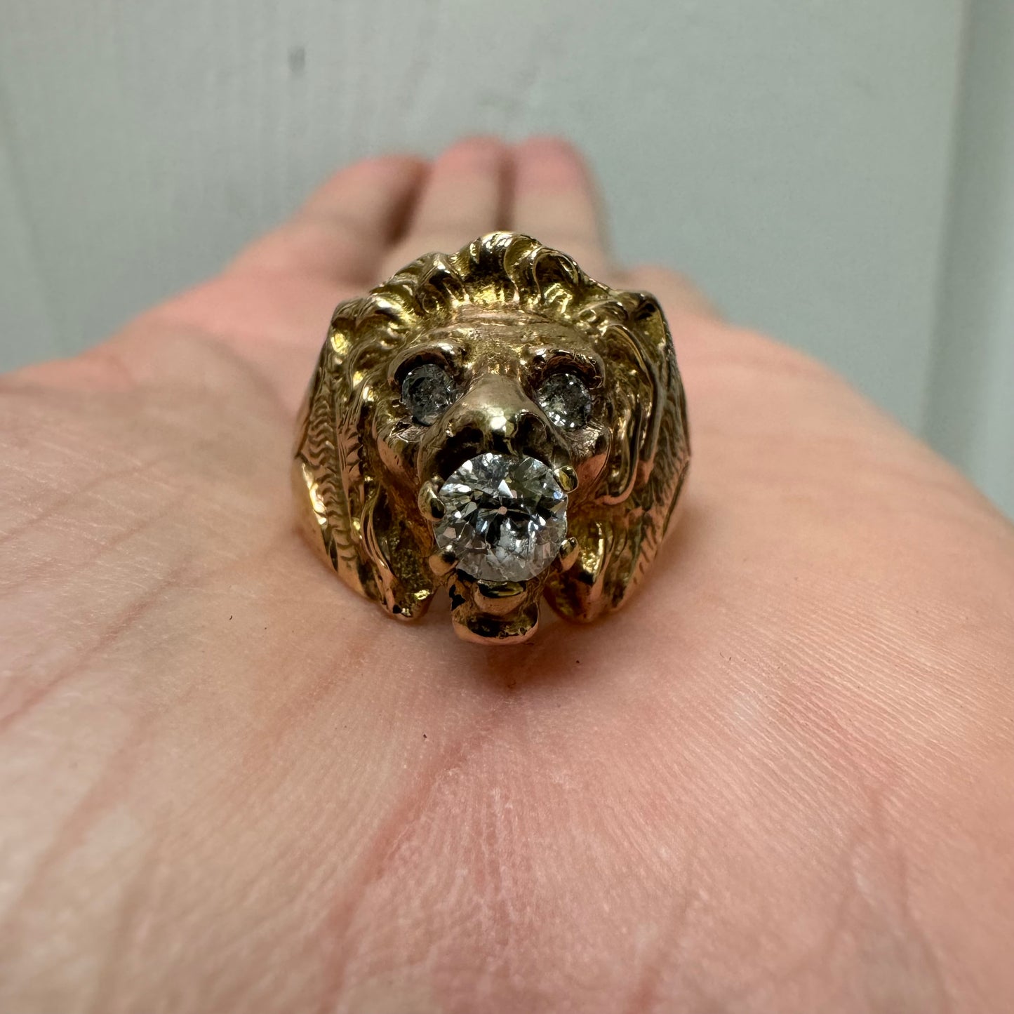 Victorian Era Solid 14k Yellow Gold .50Ct Natural Old Euro Cut Diamond Lion Ring (7.5)