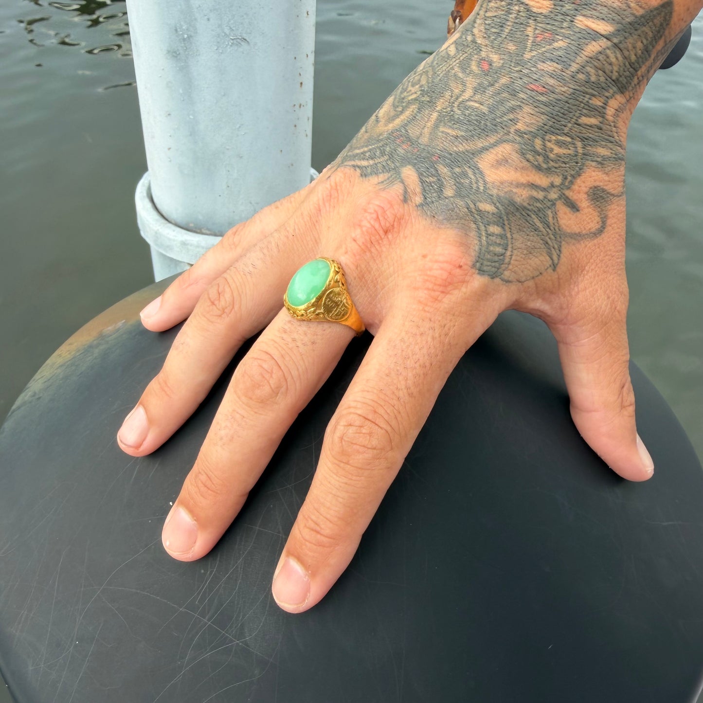Antique Chinese Traditional 24k Yellow Gold 5.0ct Green Apple Jadeite Fu Ring (10.25)
