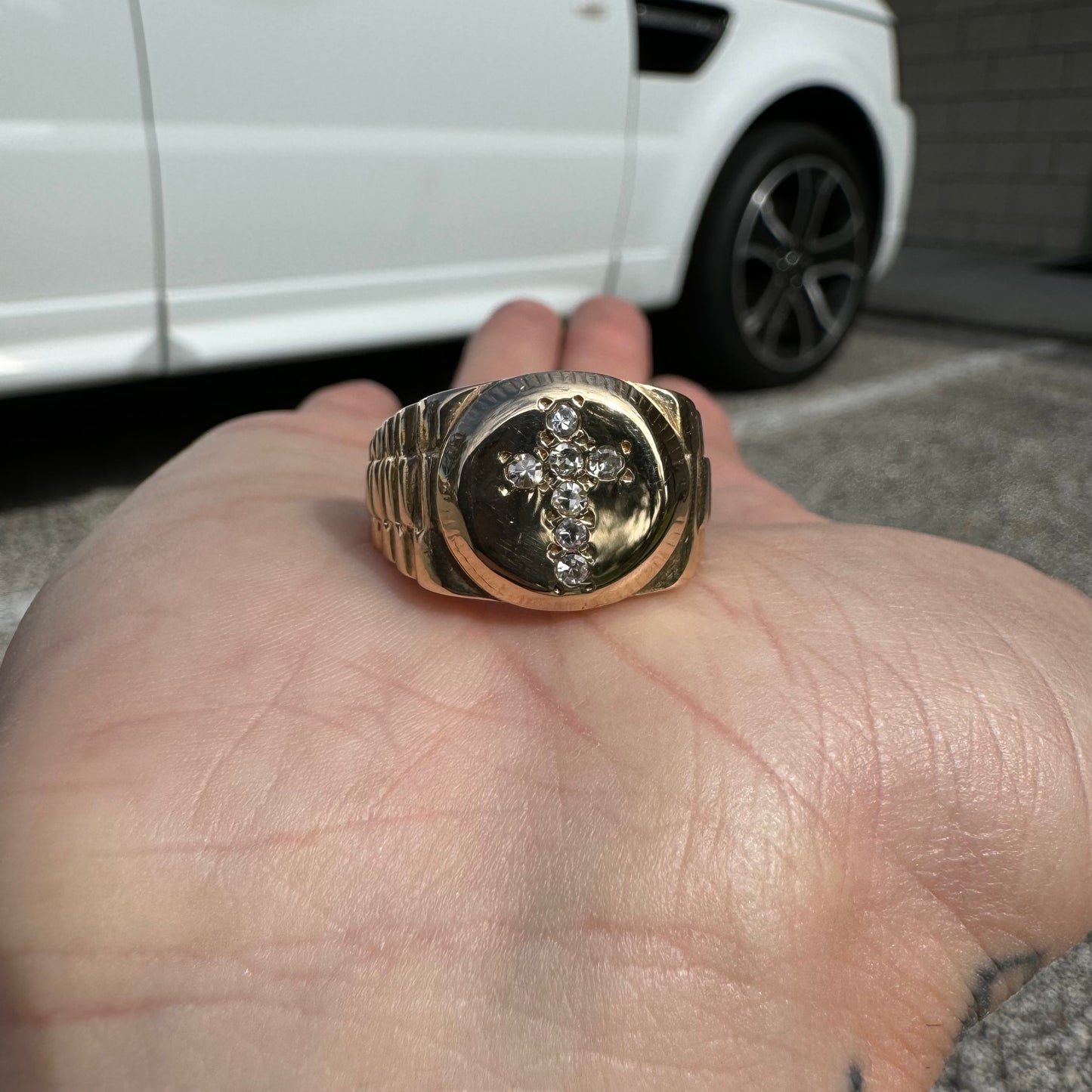 Vintage 14k Yellow Gold Starburst Set Natural Diamond Cross Rolex Style Signet Ring (13.5)
