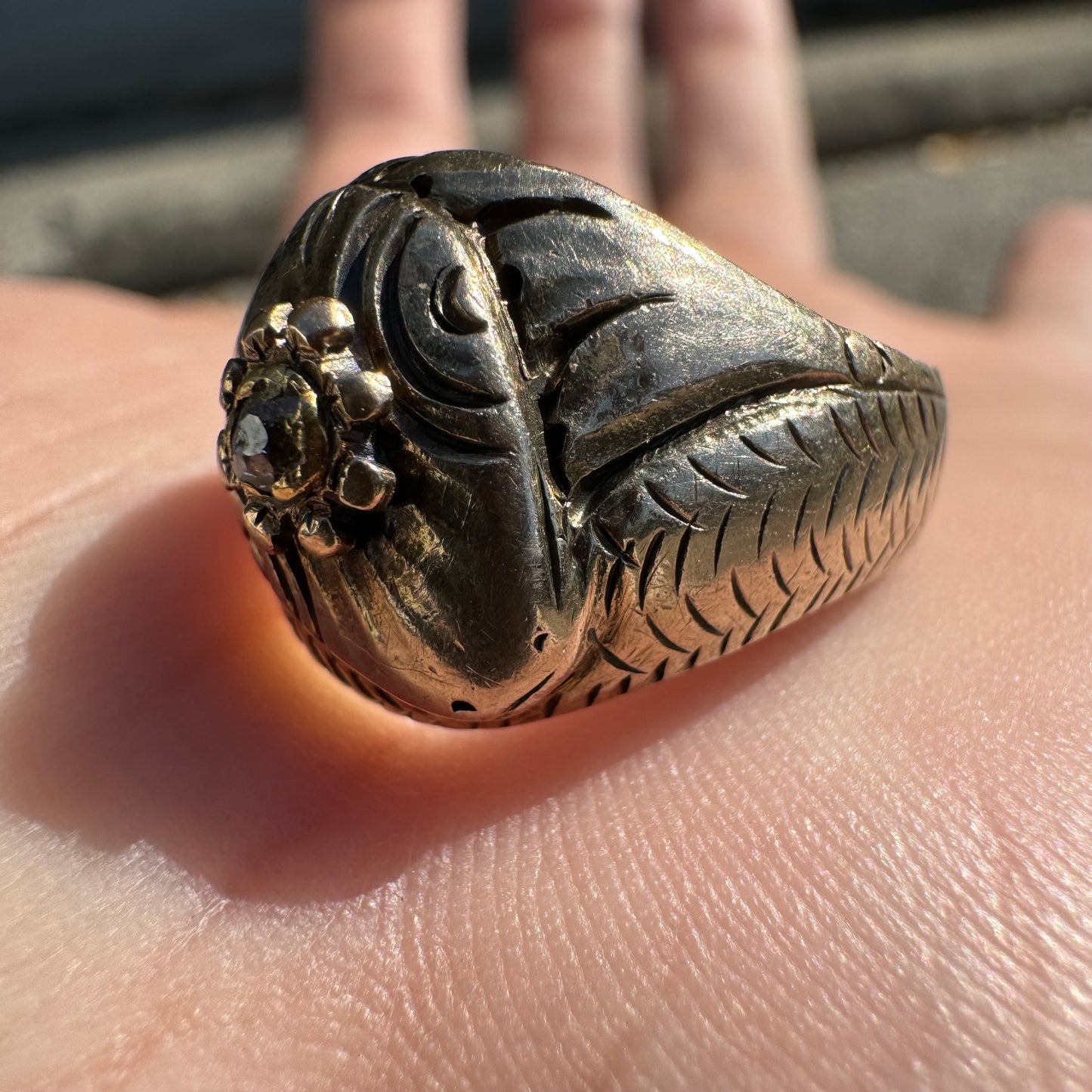 Victorian 14k Gold Snake Ring With Natural Old Cut Diamond (7.25)