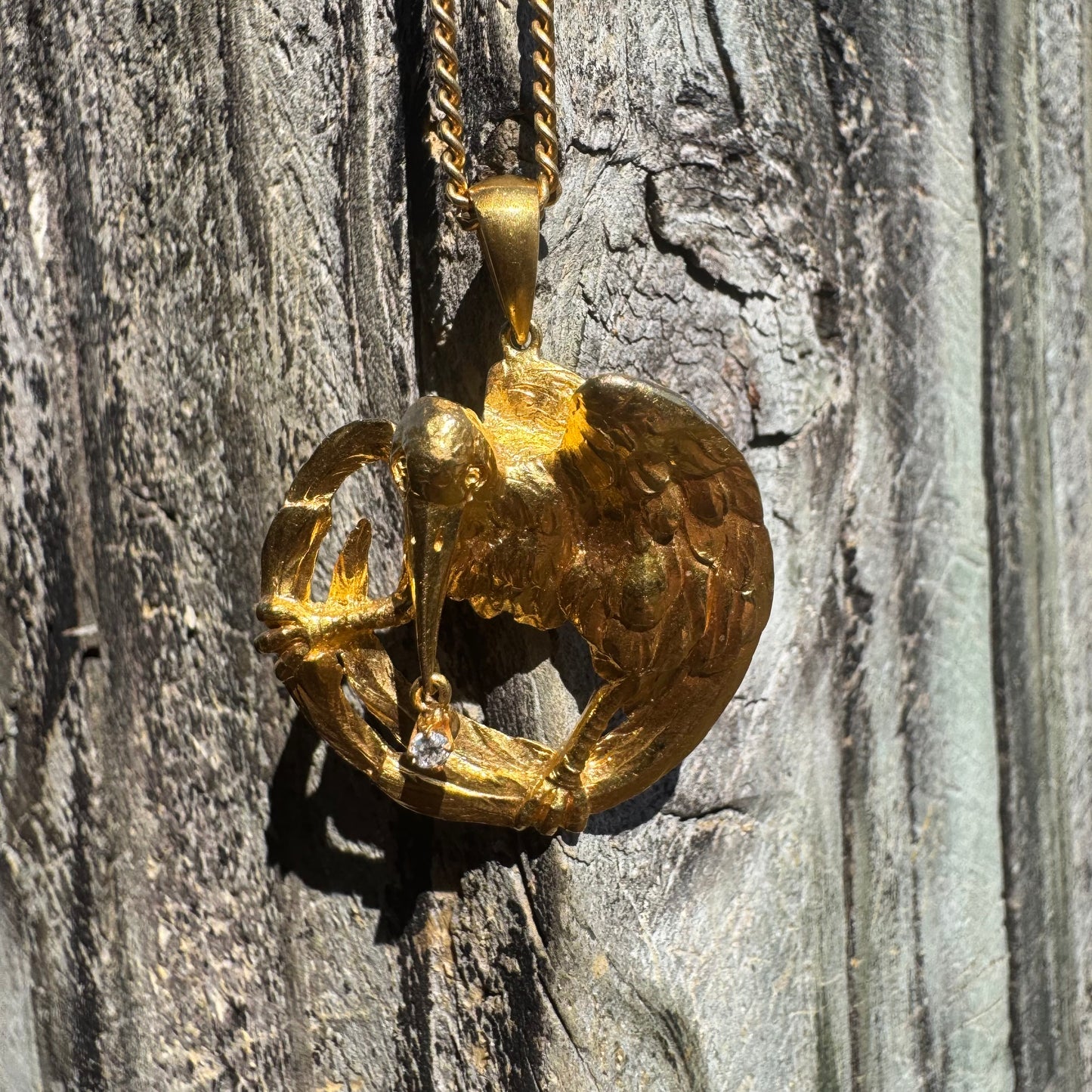 Antique Solid 19.1k Old Mine Cut Diamond Crow Pendant