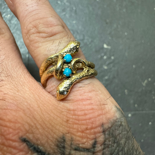 Vintage Solid 14k Yellow Gold Persian Turquoise Double Intertwined Snake Ring (6)