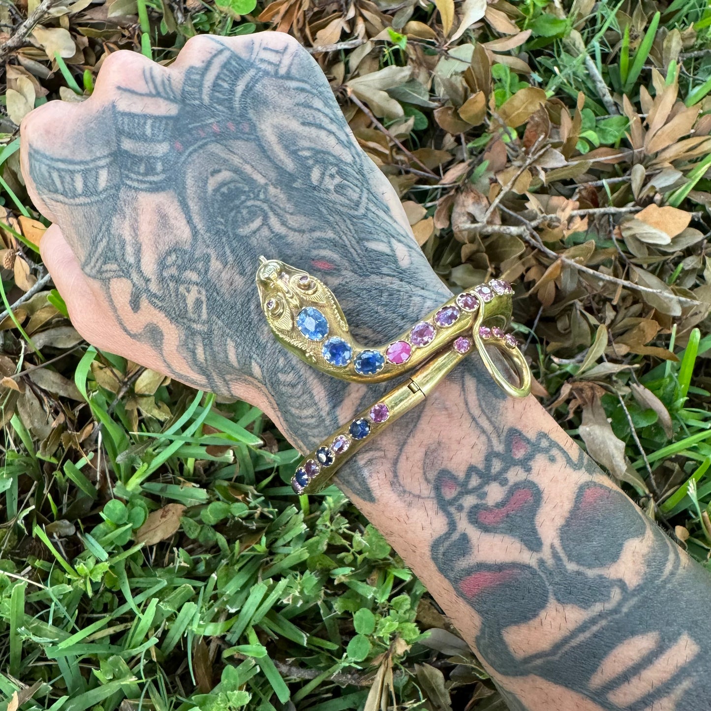 Mid 1800’s 15k Yellow Gold Blue And Pink Sapphire Encrusted Snake Bracelet (6”-7”)