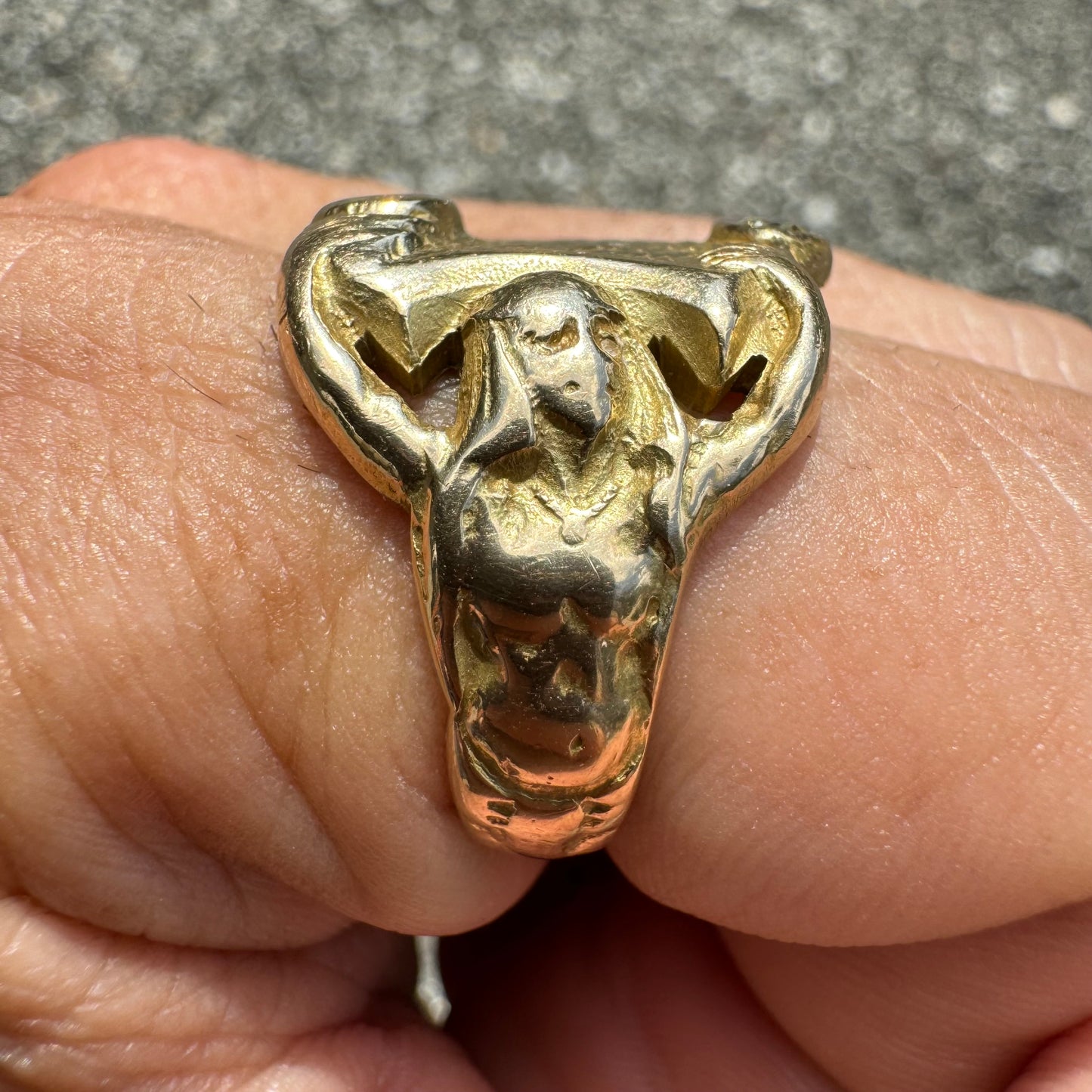 Art Nouveau Solid 14k Yellow Gold Mermaid Scroll Signet Ring (11)
