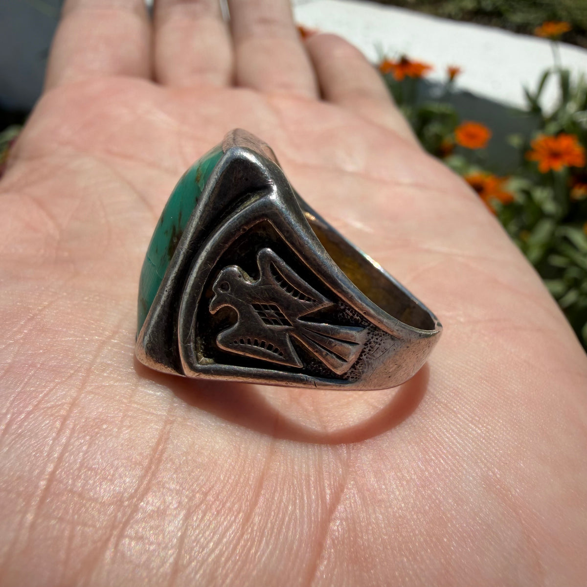 1940’s/50’s Bell Trading Post Sterling Silver Large Turquoise Thunderbird Signet Ring (10.25)