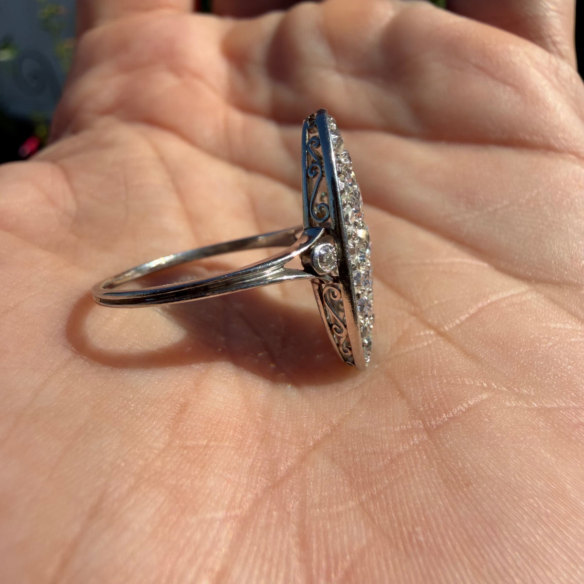 Victorian Solid Platinum 2.25ctw Natural Old Mine Cut Diamond Cluster Oval Navette Ring (7.5)