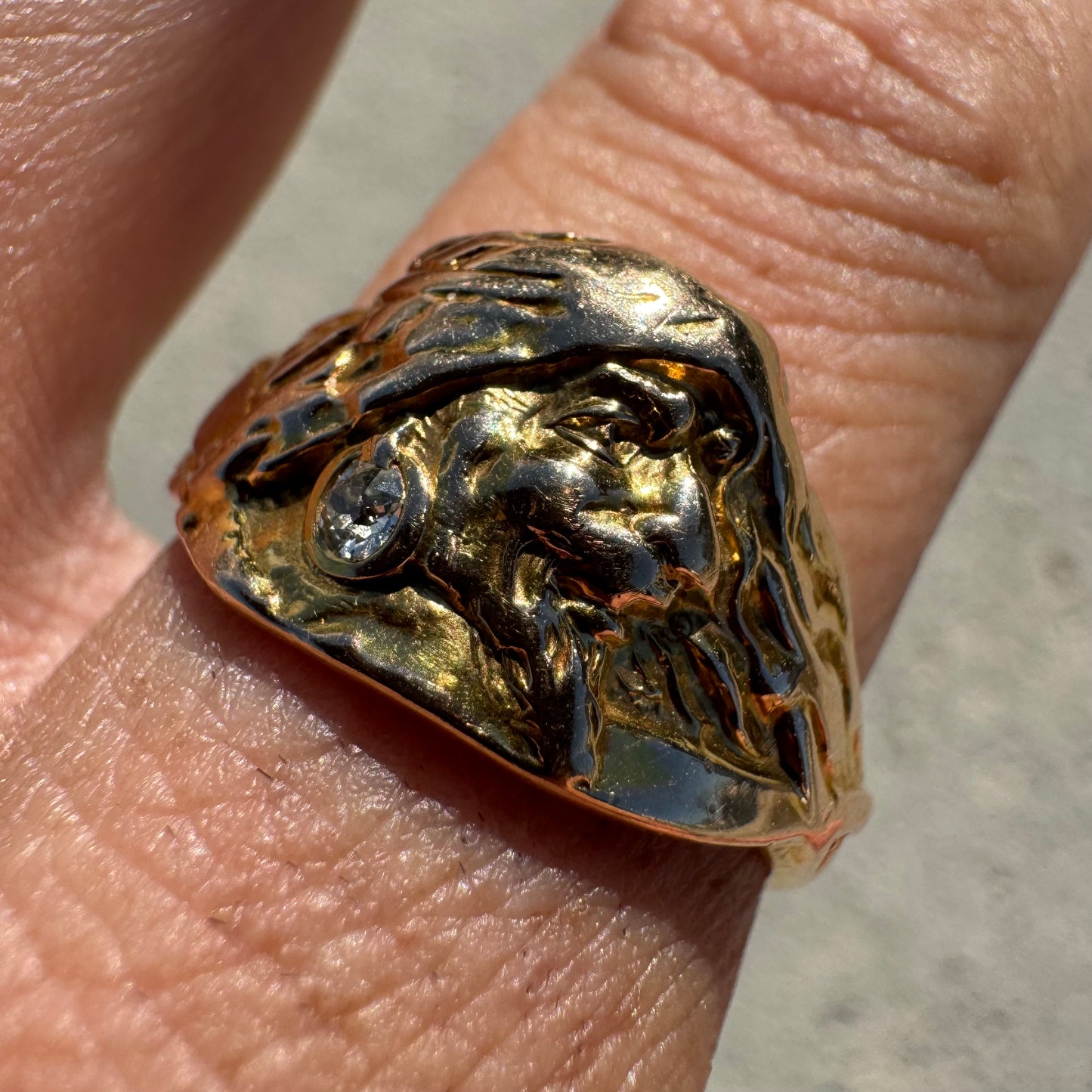 Early 1900’s Art Nouveau Solid 12k Yellow Gold Old Euro Cut Diamond Pirate Figural Ring (11)