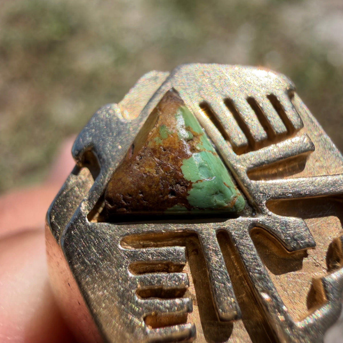 Mid-Century Solid 14k Yellow Gold Heavyweight Turquoise Thunderbird Signet Ring (11.5)
