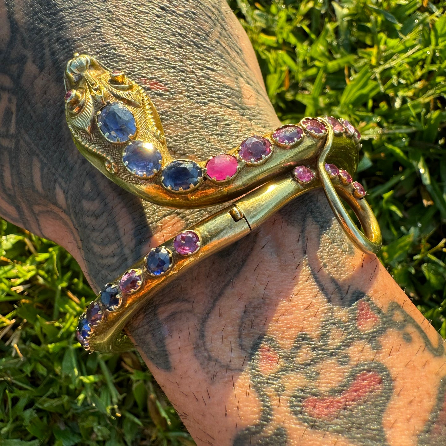 Mid 1800’s 15k Yellow Gold Blue And Pink Sapphire Encrusted Snake Bracelet (6”-7”)