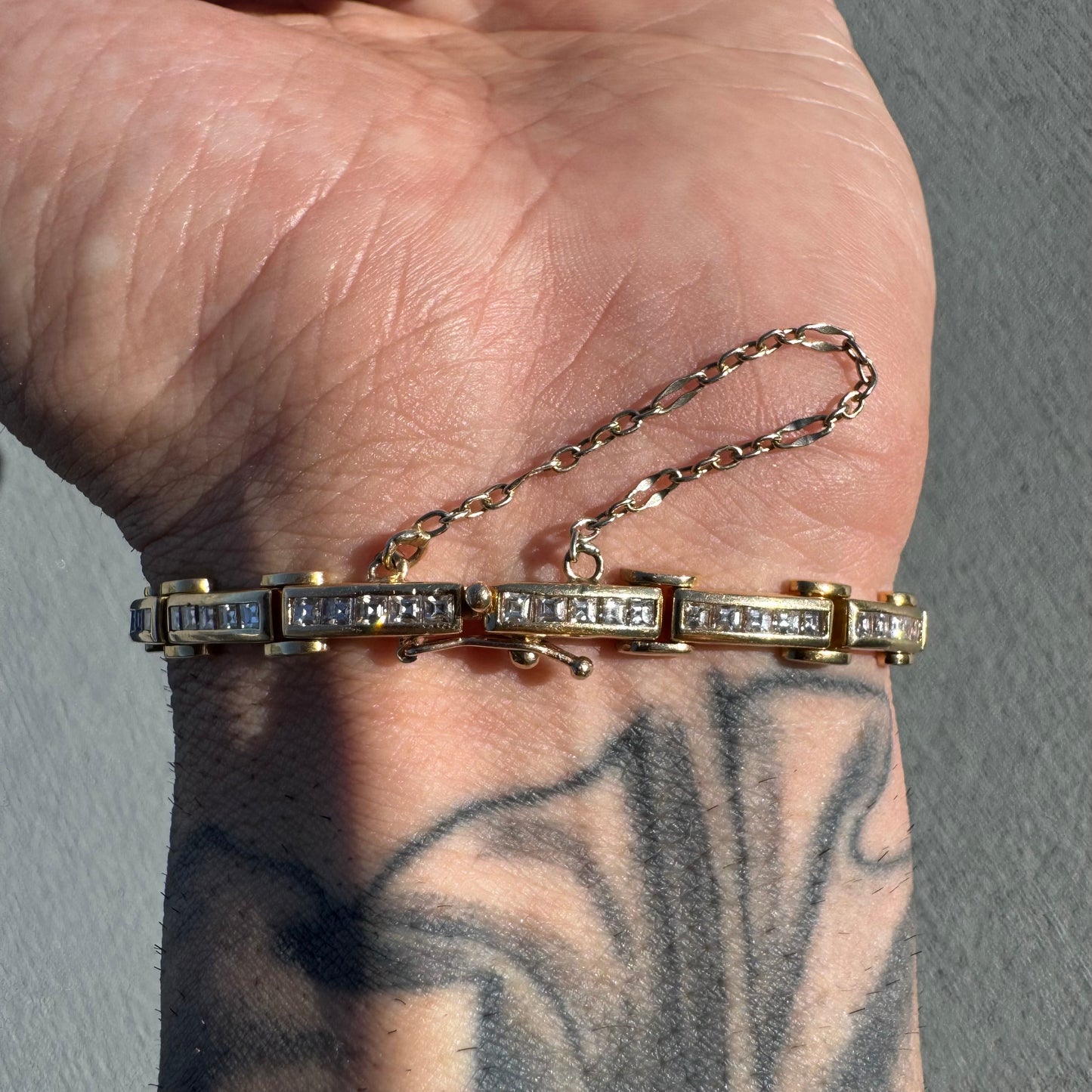 Vintage Custom Hand Crafted Solid 18k Yellow Gold 3.5CTW Natural Princess Cut Diamond Bracelet (6.5”)