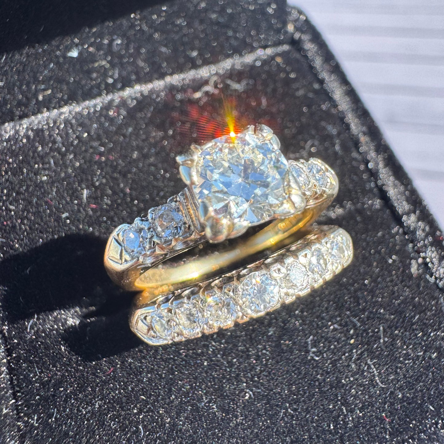 Circa 1930’s Solid 14k Gold 1.50ctw Natural Old Euro Cut Diamond Engagement & Wedding Ring Set (6.5)