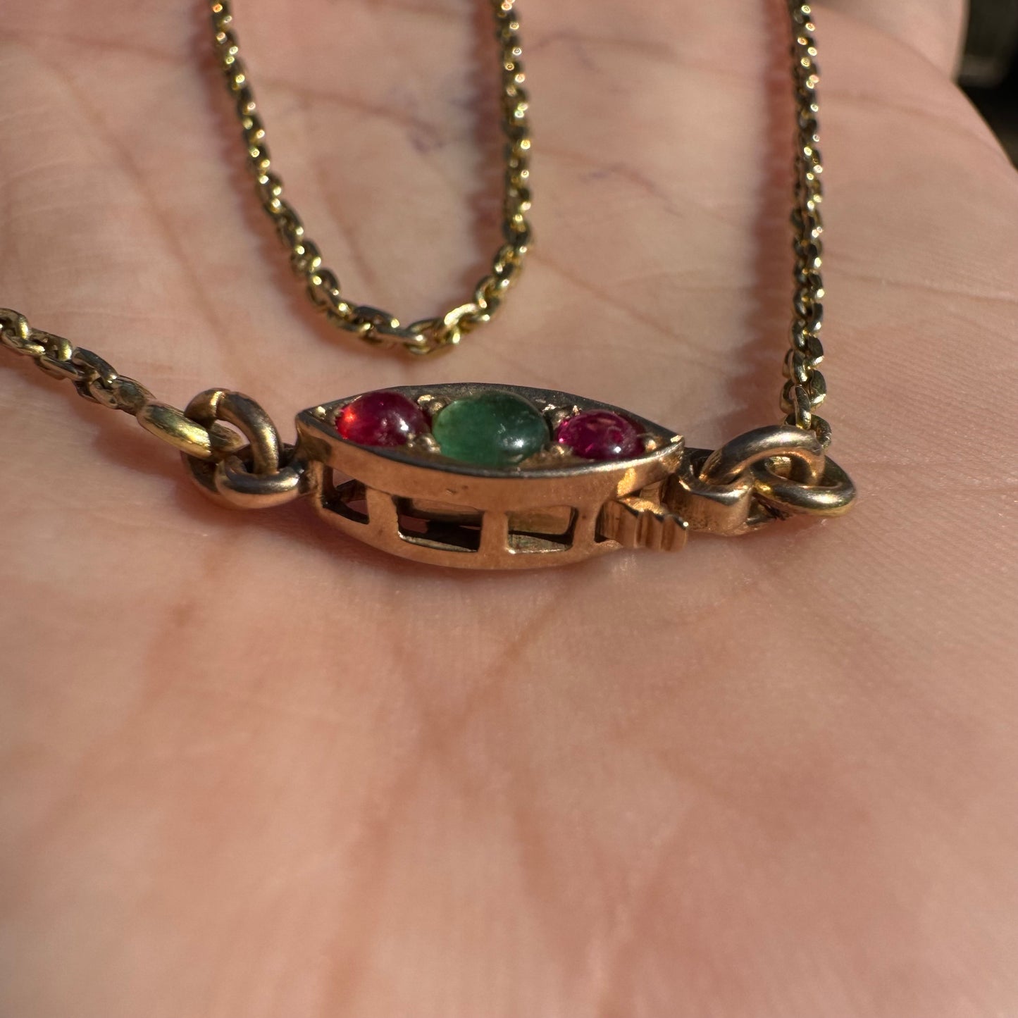 Antique Solid 14k Yellow Gold Natural Emerald And Ruby Encrusted “Biker Chain” Anchor Link Necklace (15.5”)