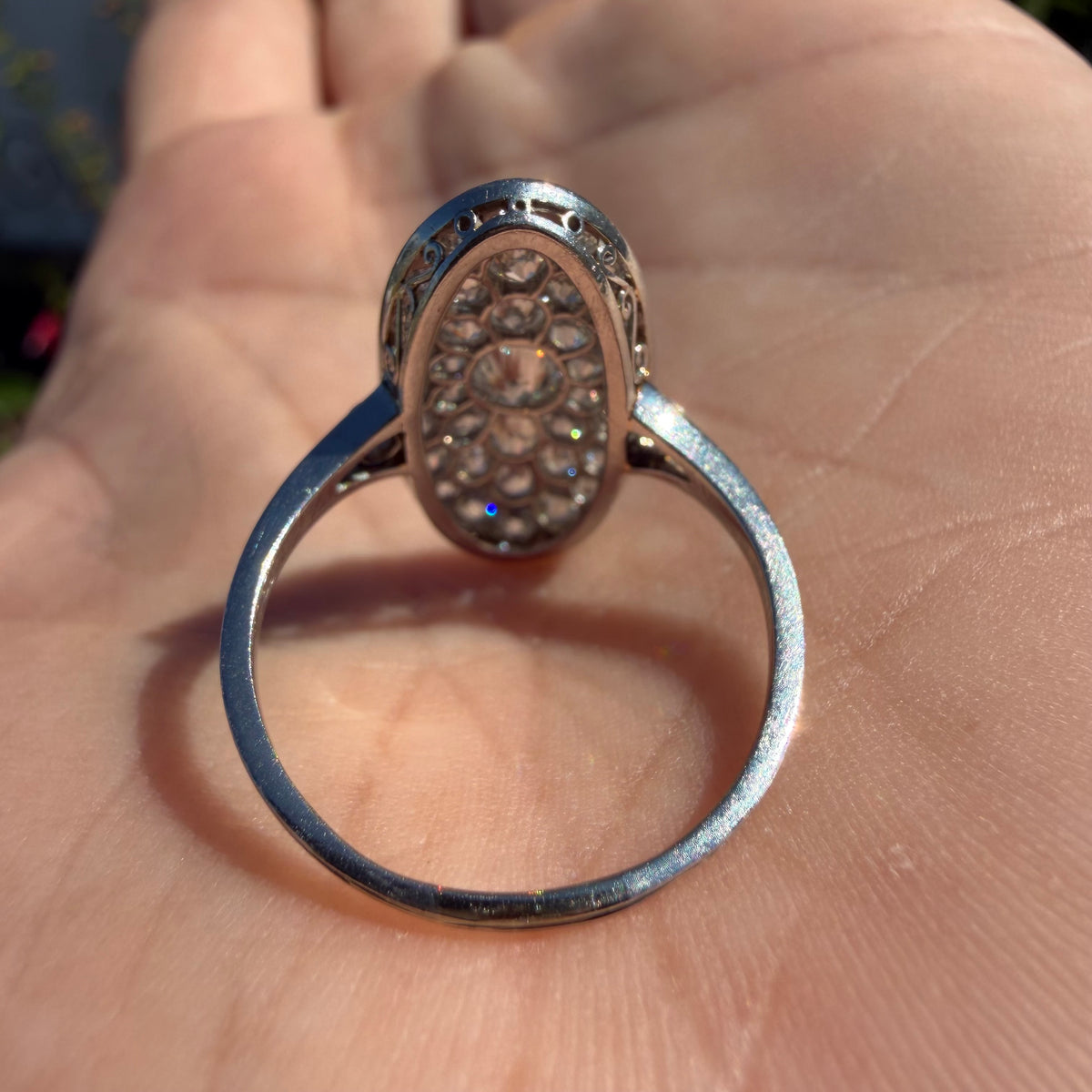 Victorian Solid Platinum 2.25ctw Natural Old Mine Cut Diamond Cluster Oval Navette Ring (7.5)