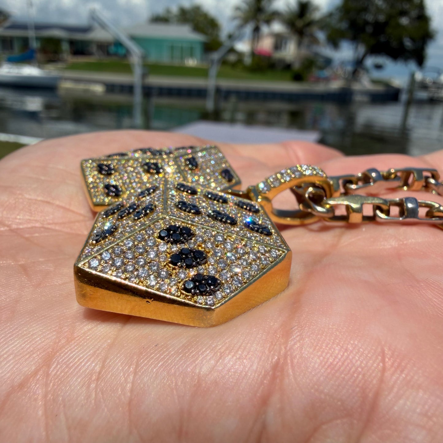 Custom Made Solid 18k Yellow Gold 5.15CTW Natural VS Diamond Encrusted Dice Pendant