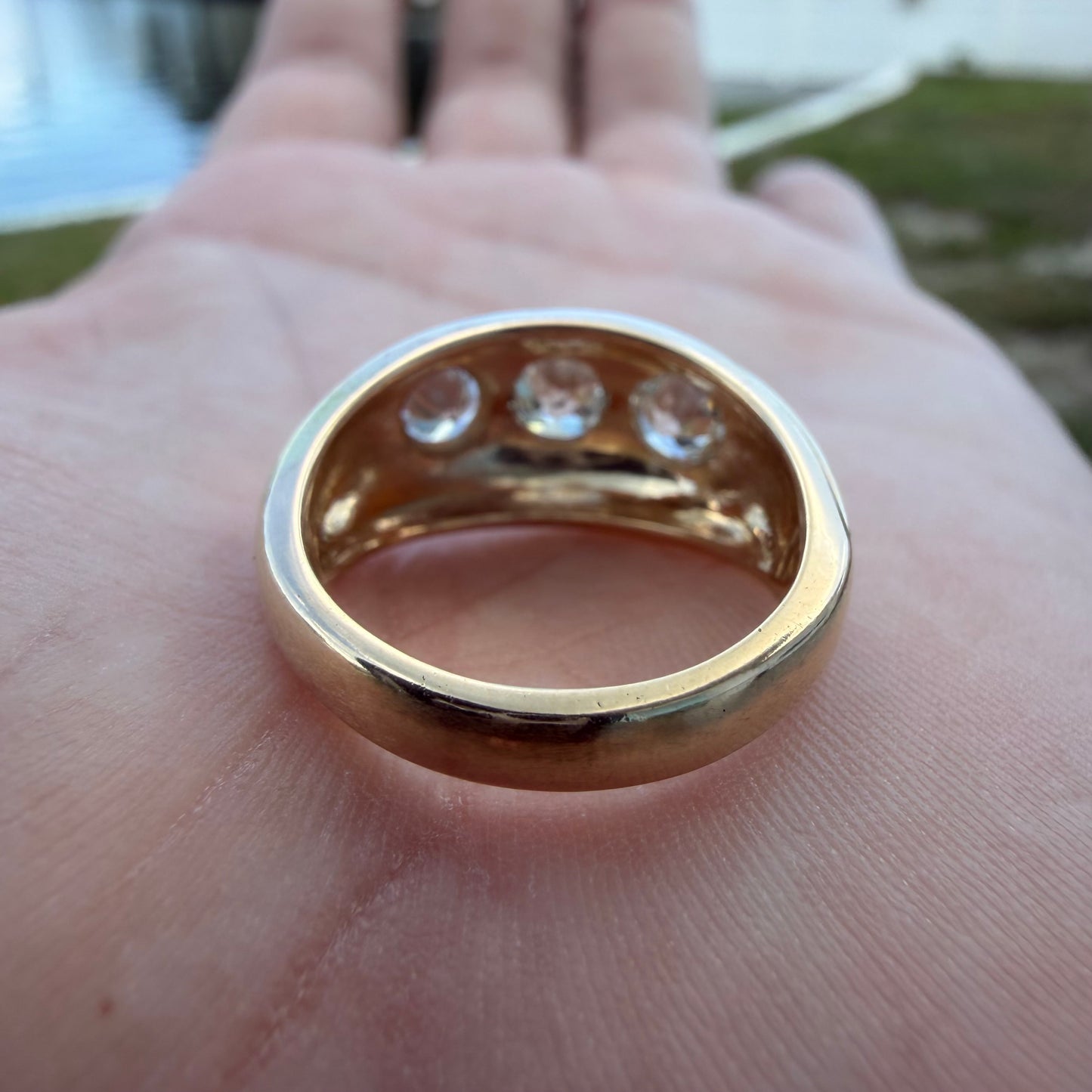 Art Deco Solid 14k Yellow Gold 1.20ctw Natural Old Cut Diamond Gypsy Trilogy Ring (6.5)
