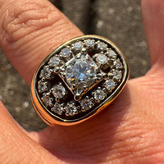 Art Deco Solid 14k Yellow Gold 1.25ctw Natural Old Euro Cut Diamond Cluster Ring (8.5)