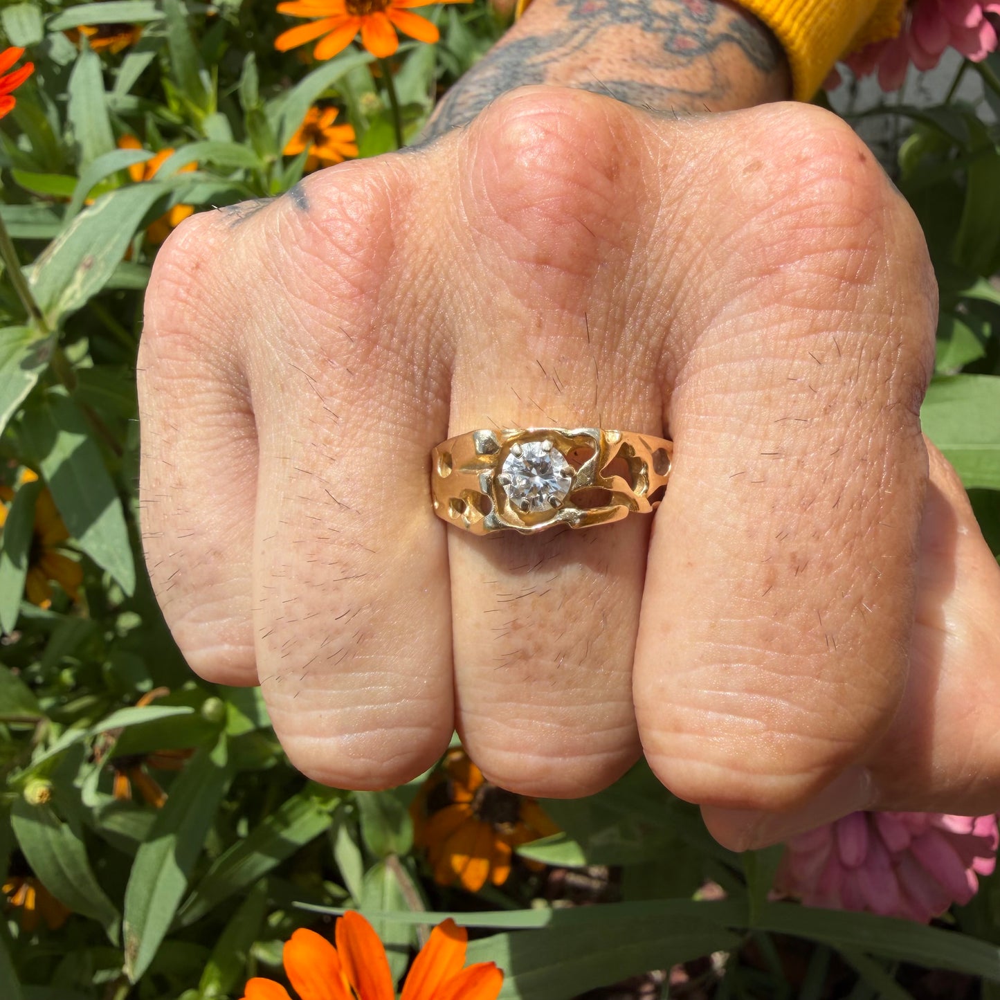 Vintage Solid 14k Yellow Gold .85ct Natural Old Euro Cut Diamond Solitaire Nugget Ring (11.5)