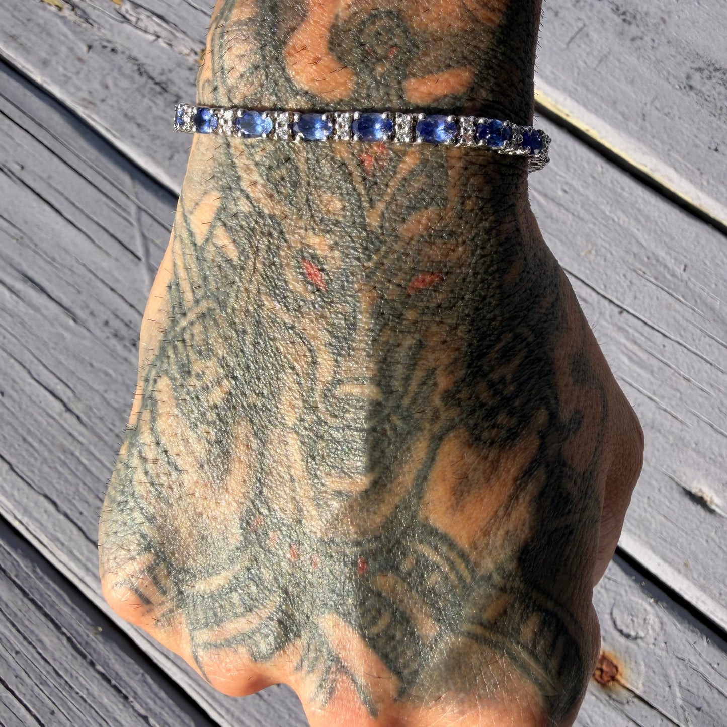 Vintage Solid 14k White Gold 11.0ctw Natural Tanzanite And Diamond Tennis Bracelet (7.15”)