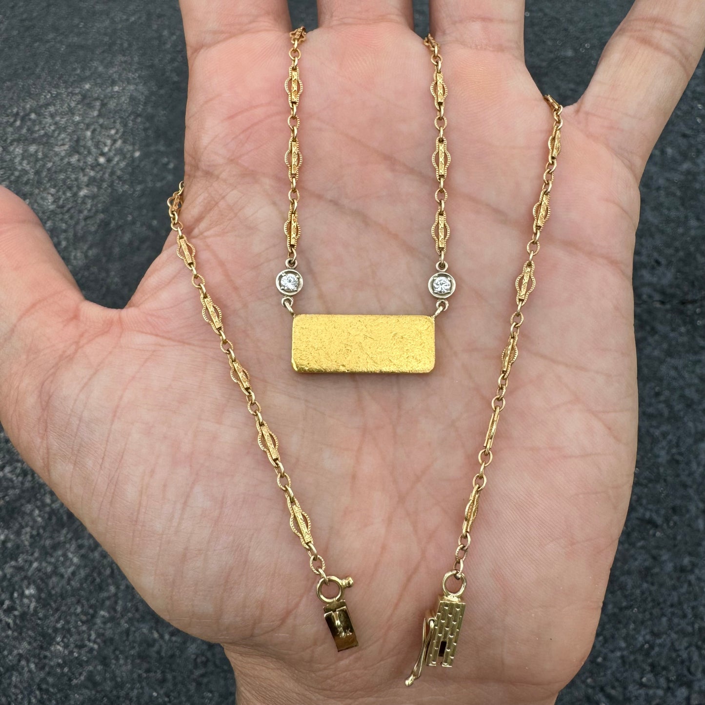 1960’s Degussa Pure 24k Gold 10g Bar .25ctw Diamond Necklace (16”)