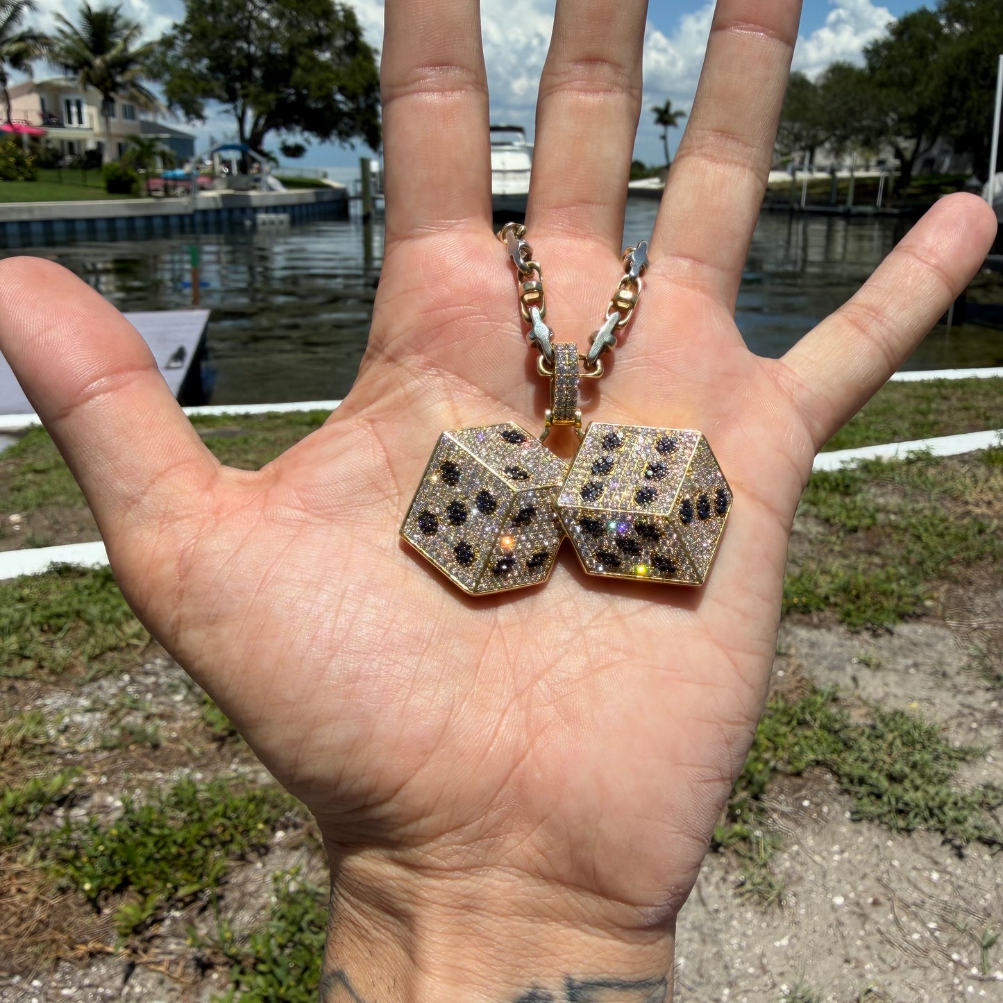 Custom Made Solid 18k Yellow Gold 5.15CTW Natural VS Diamond Encrusted Dice Pendant
