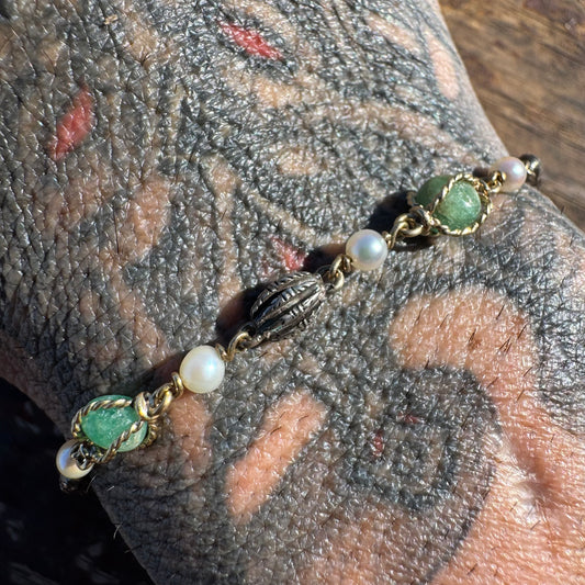 Early 1800’s Georgian Era Solid 18k Yellow Gold Sterling SIlver Rose Cut Diamond Raw Emerald Seed Pearl Bracelet (6.5”)