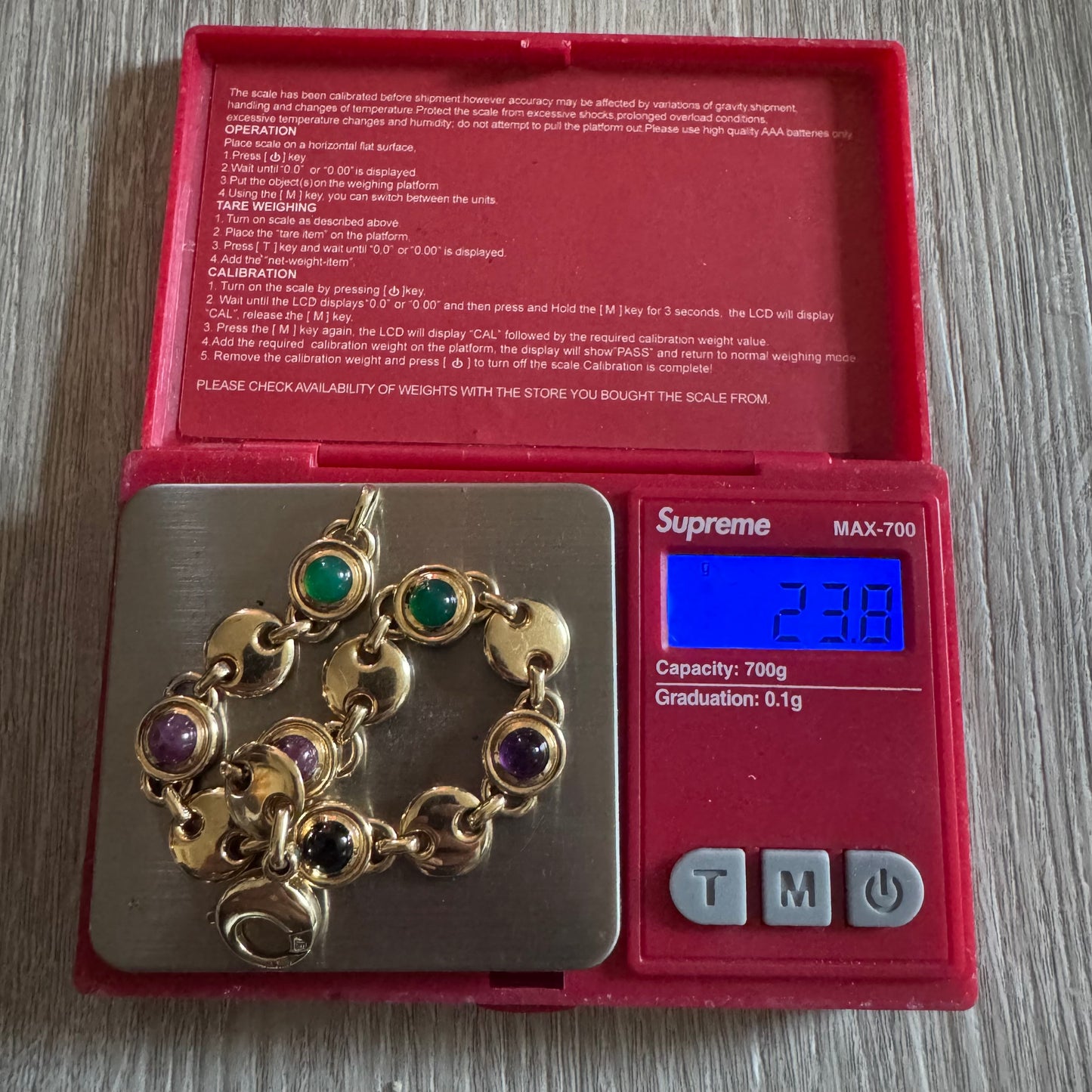 Vintage Solid 14k Italian Yellow Gold Bezel Set Multi Stone Heavyweight Puffed Gucci Bracelet (7.5”)