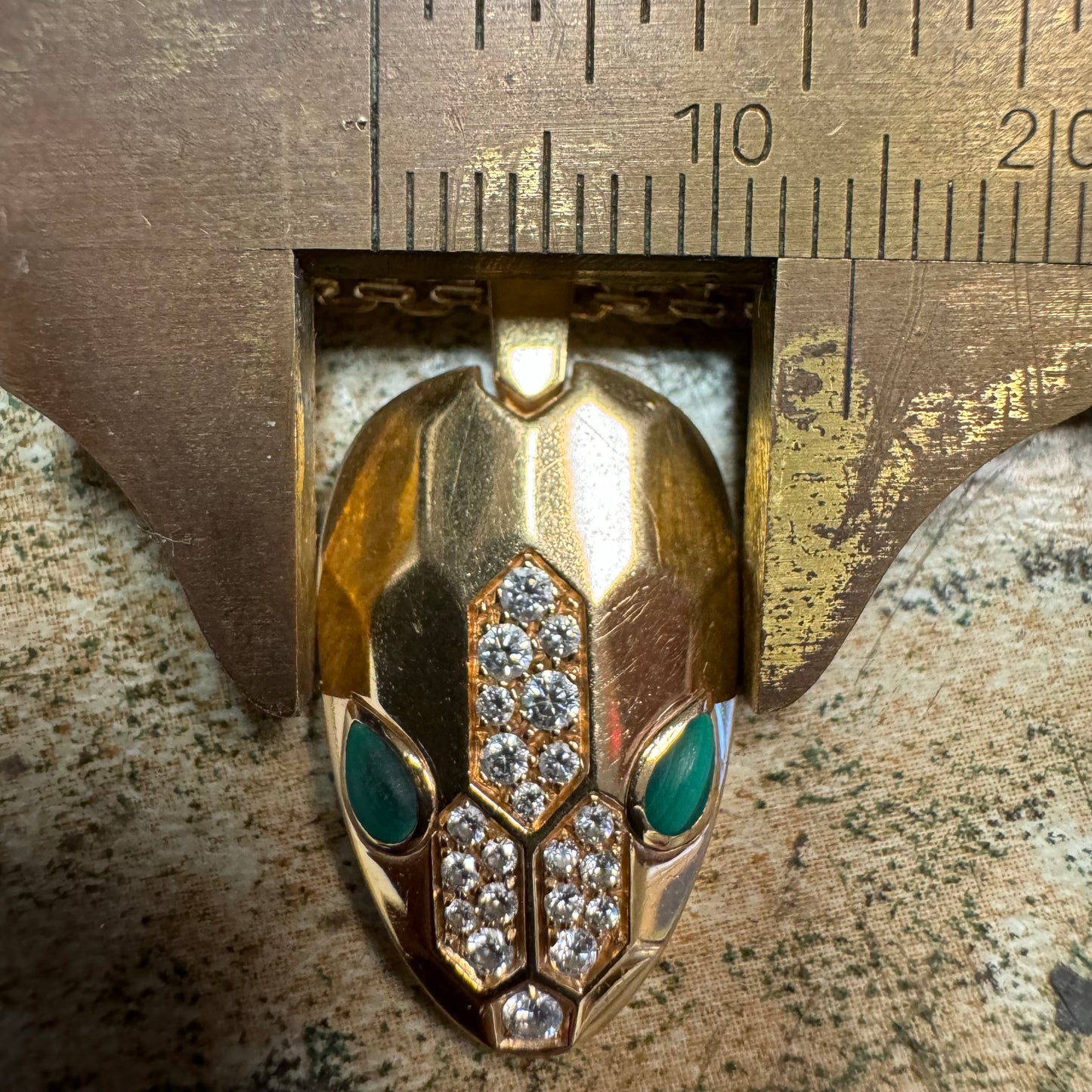 Bvlgari 18k Gold VVS Diamond And Malachite “Serpenti” Necklace (17.5”) With 14k Interlocking Double Chain Link (21”)