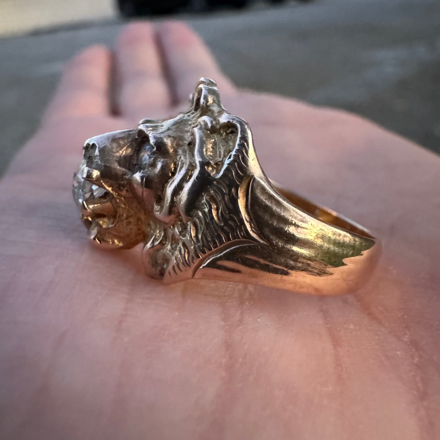 Victorian Era Solid 14k Yellow Gold .50Ct Natural Old Euro Cut Diamond Lion Ring (7.5)