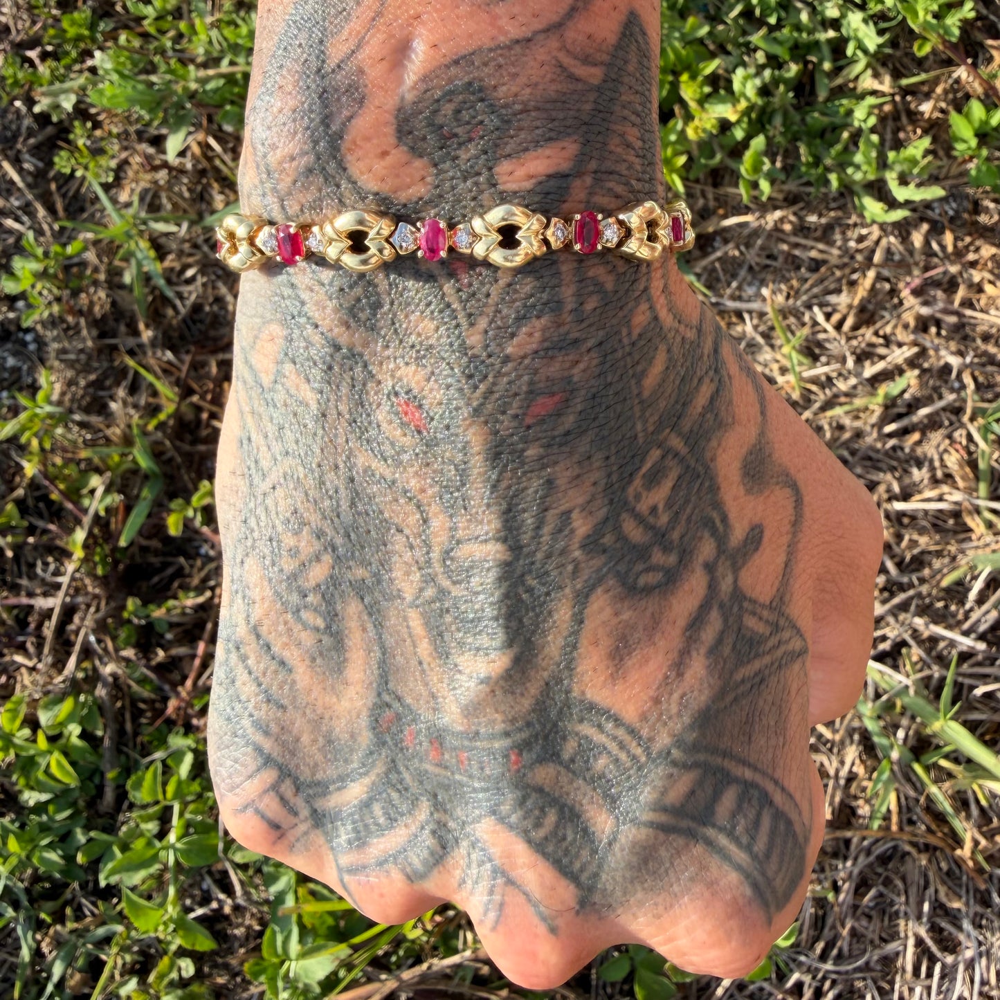 Vintage Solid 14k Yellow Gold Heavyweight 2.75ctw Natural Ruby And Diamond Bracelet (7.25”)